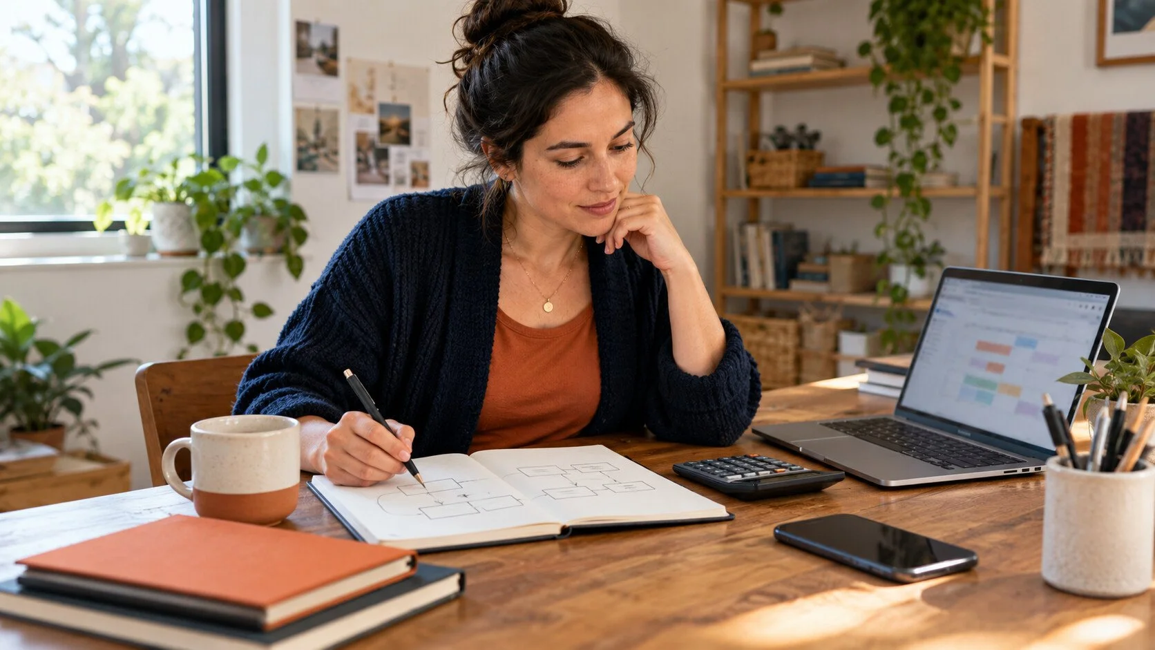 Woman reviewing a service workflow, calculator, notebook, and laptop at a small workspace.