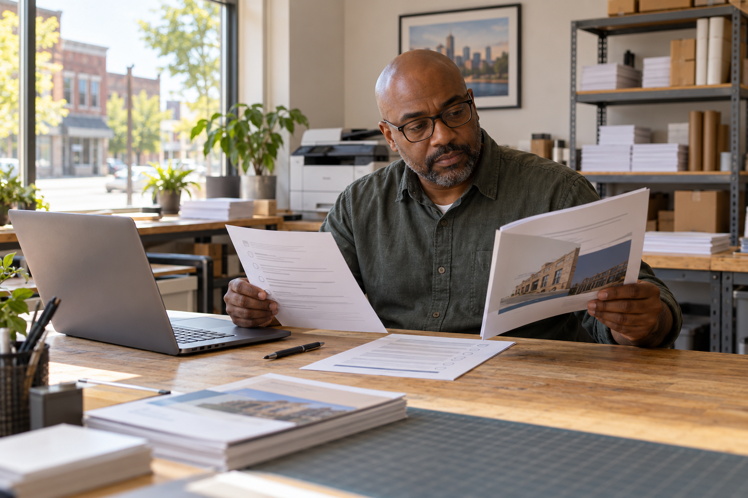 A man in a small print studio compares a paper checklist with a sample booklet beside a laptop and stacks of printed materials.