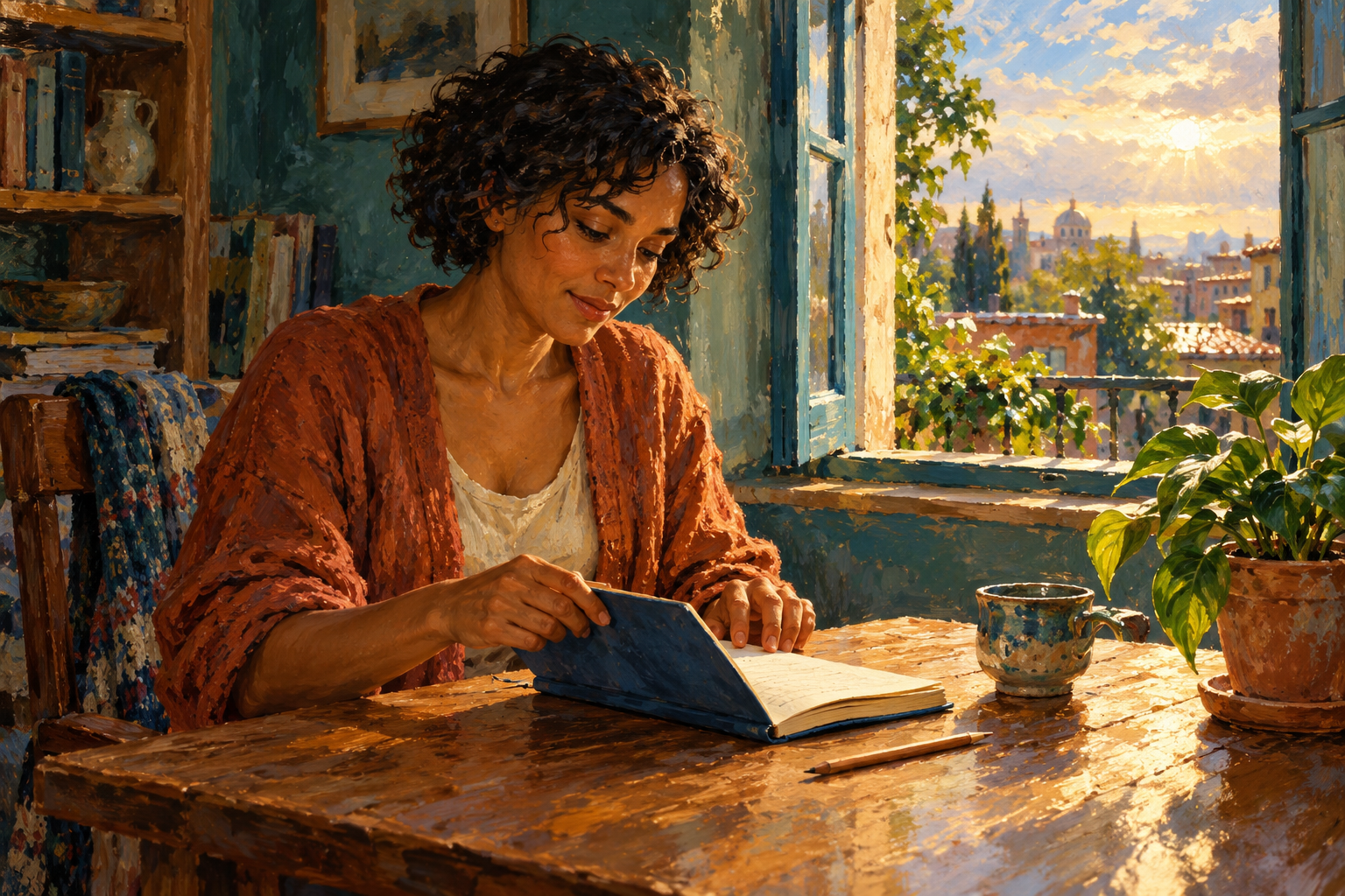Painting of a woman with short dark curly hair opening a blue notebook at a wooden table beside a sunlit window, with a pencil, ceramic cup and potted plant nearby.