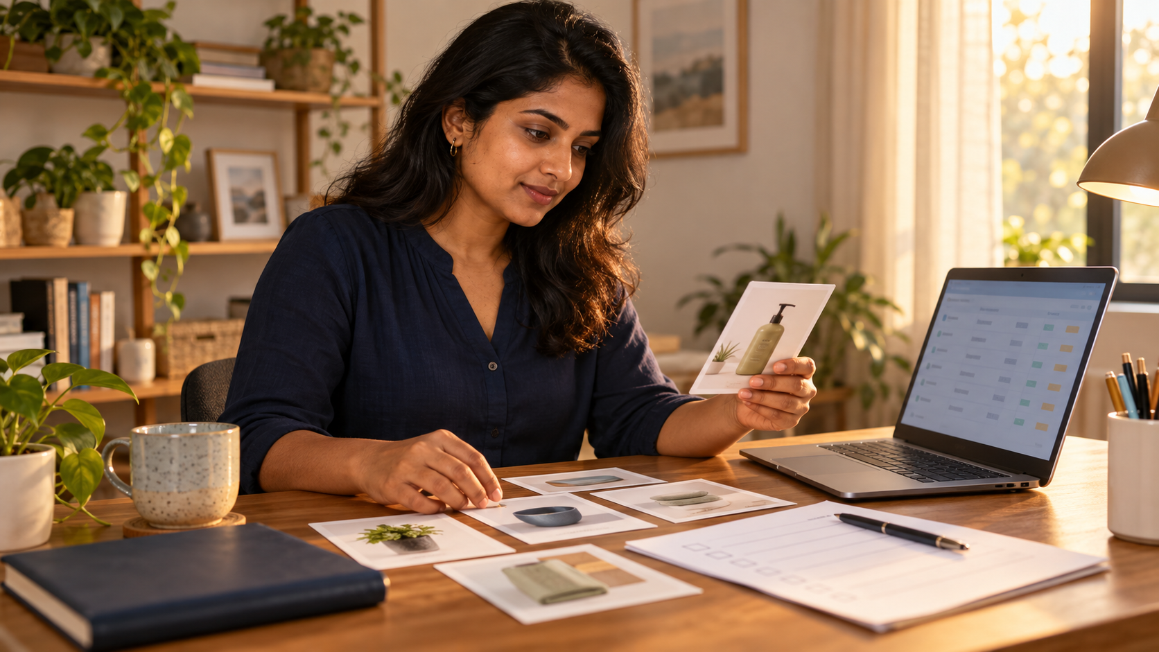 A woman at a sunlit desk compares household-product cards beside a laptop, notebook and paper checklist.