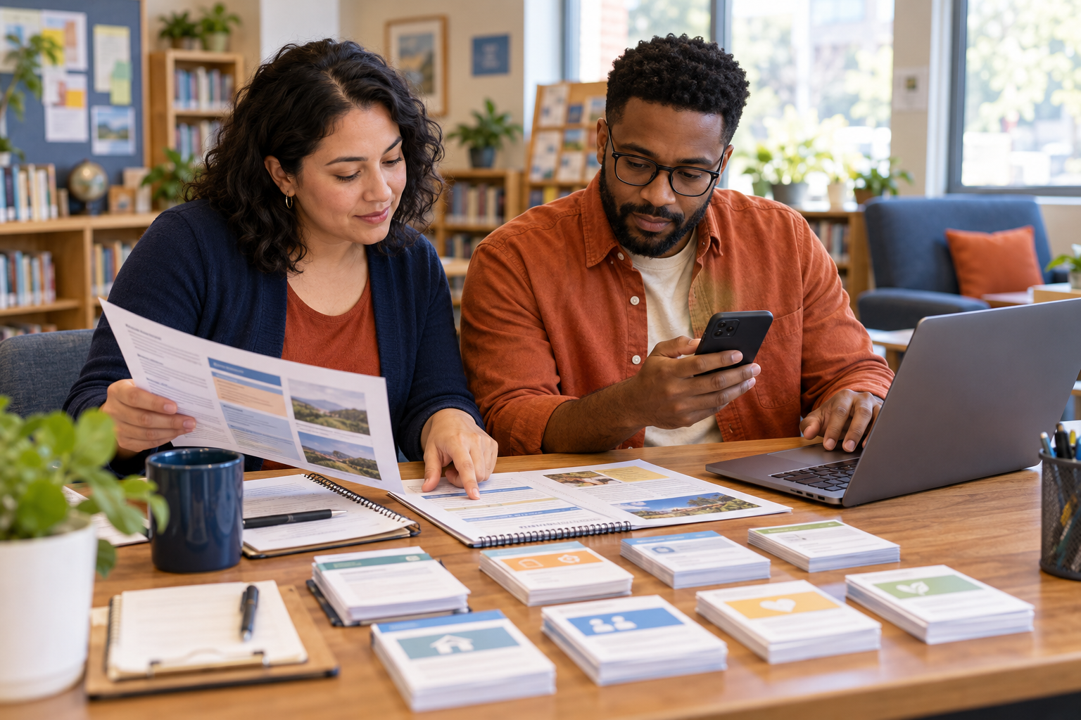 Two community volunteers review and update a printed local resource guide beside a laptop and phone.