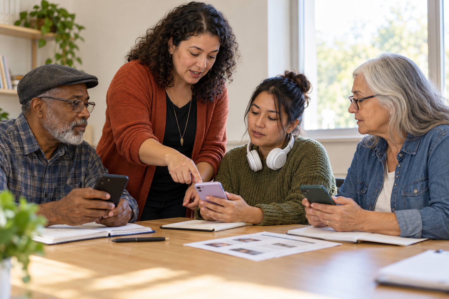 An educator guides three adult learners through a phone-based lesson in a community learning space.