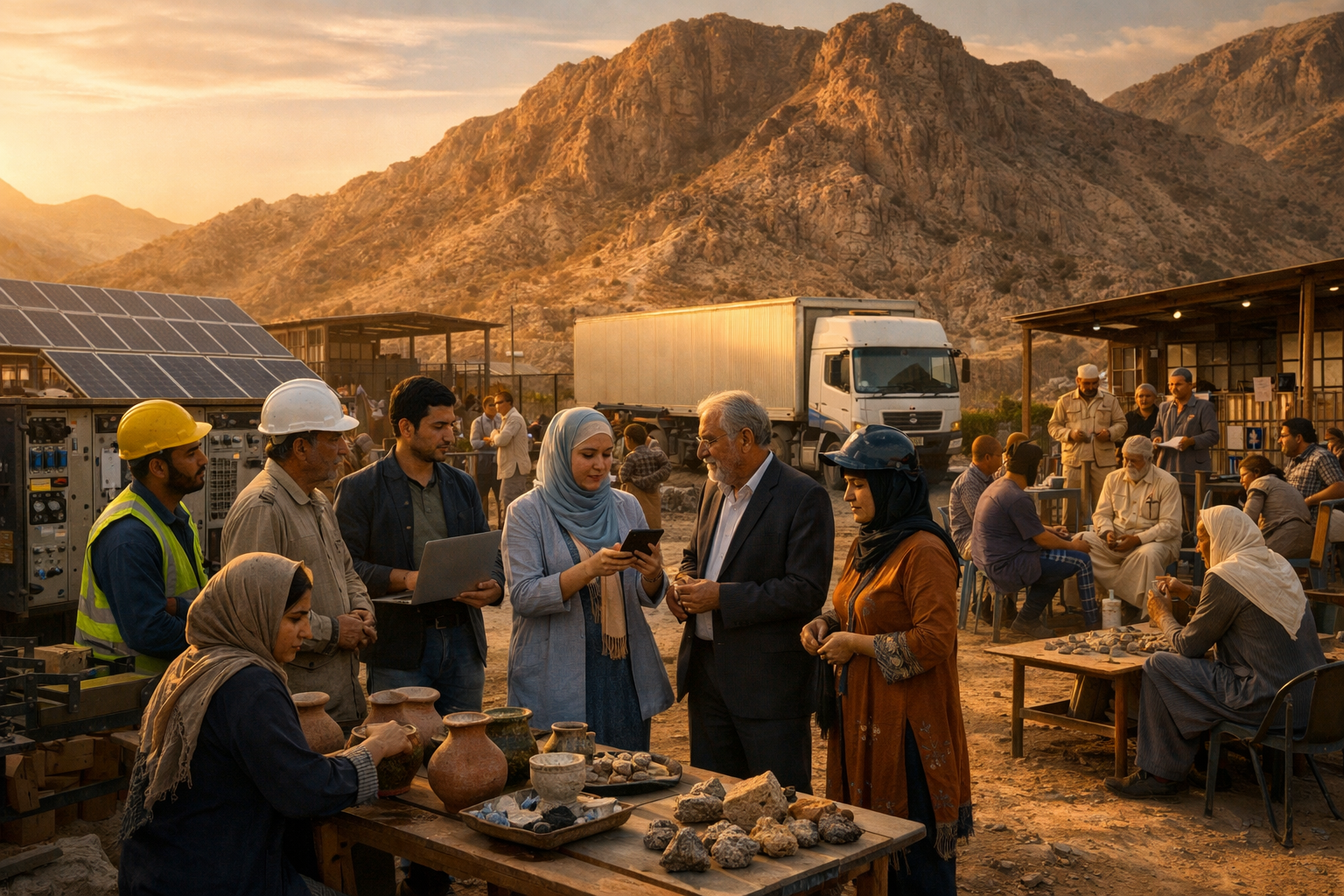 A realistic scene in Balochistan showing entrepreneurs, trainees, community members, and partners gathered in a modern local enterprise setting with mountains, solar equipment, logistics vehicles, and vocational activity in the background.