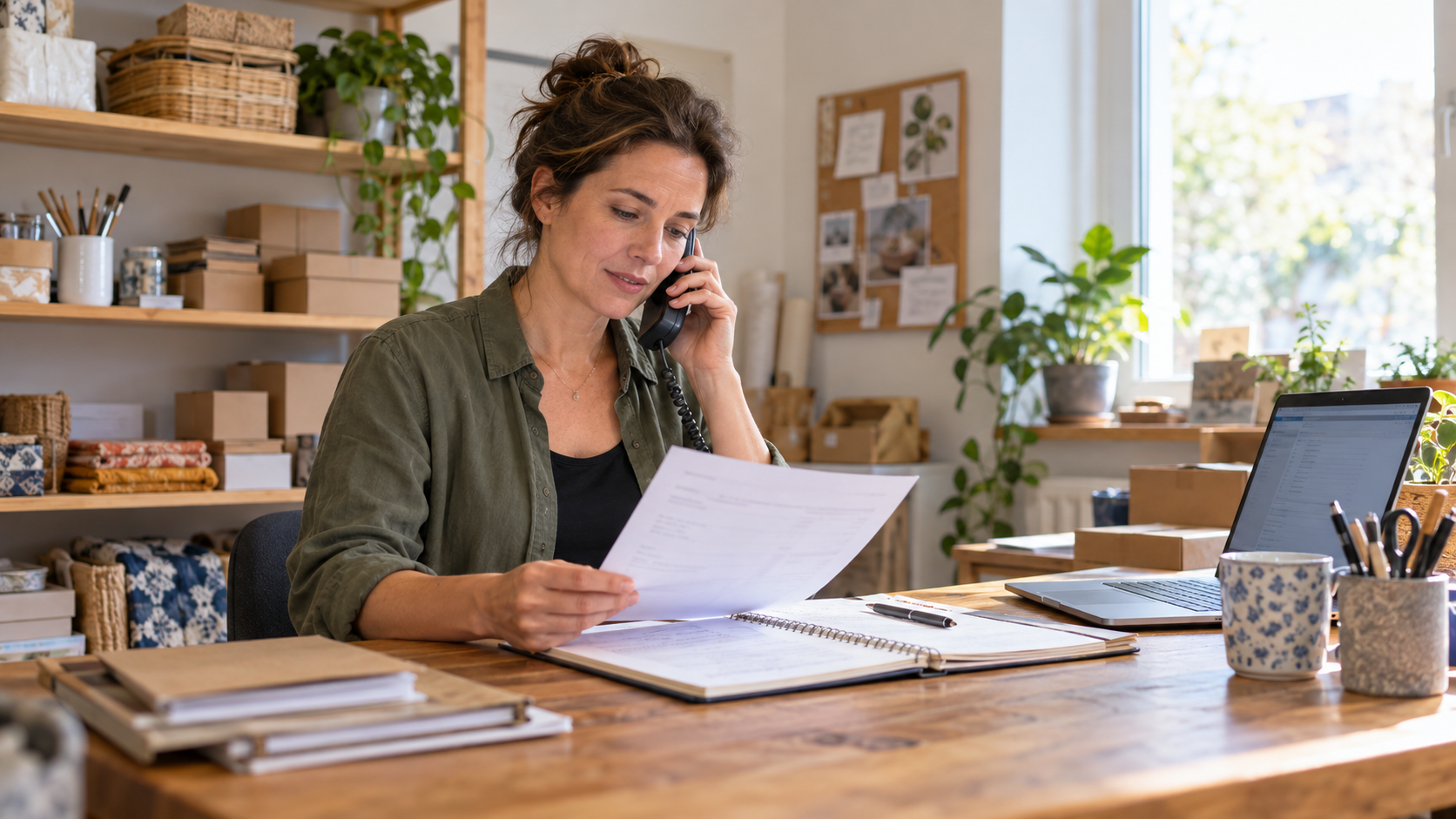 A workshop coordinator holds a telephone handset while comparing a paper invoice with a notebook at a desk beside a laptop and craft supplies.