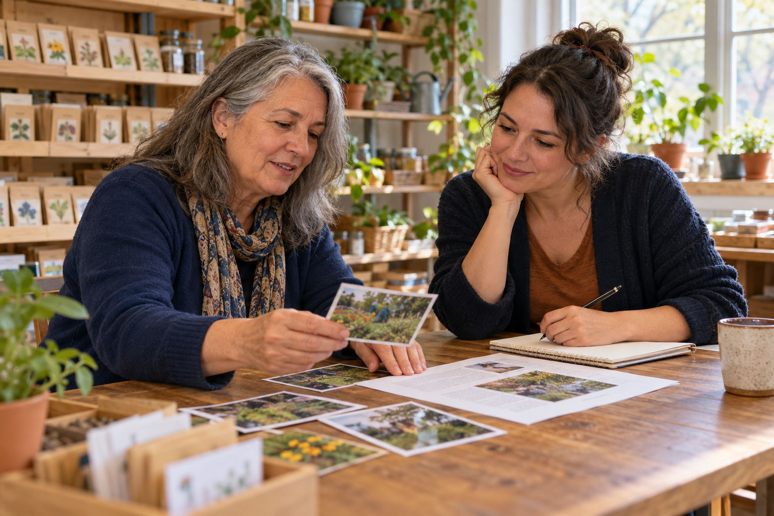 Two women review garden photographs and a printed story together at a wooden table beside shelves of seed packets.