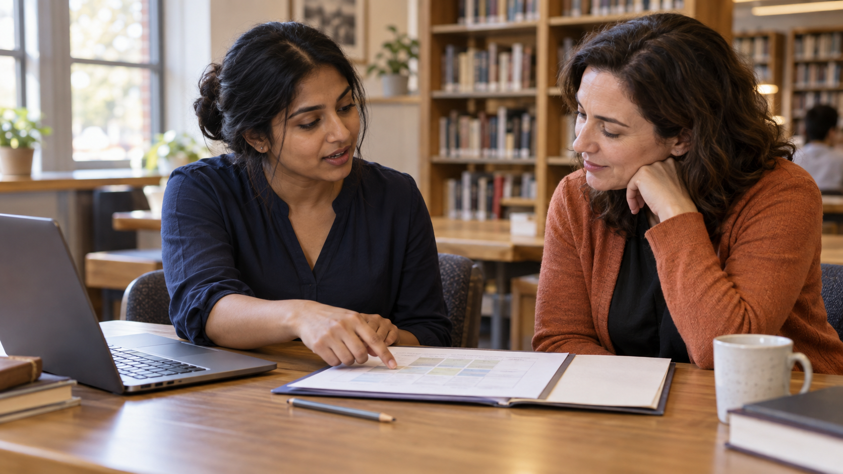 Adult learner explains a paper portfolio project to a mentor at a library table beside a laptop.