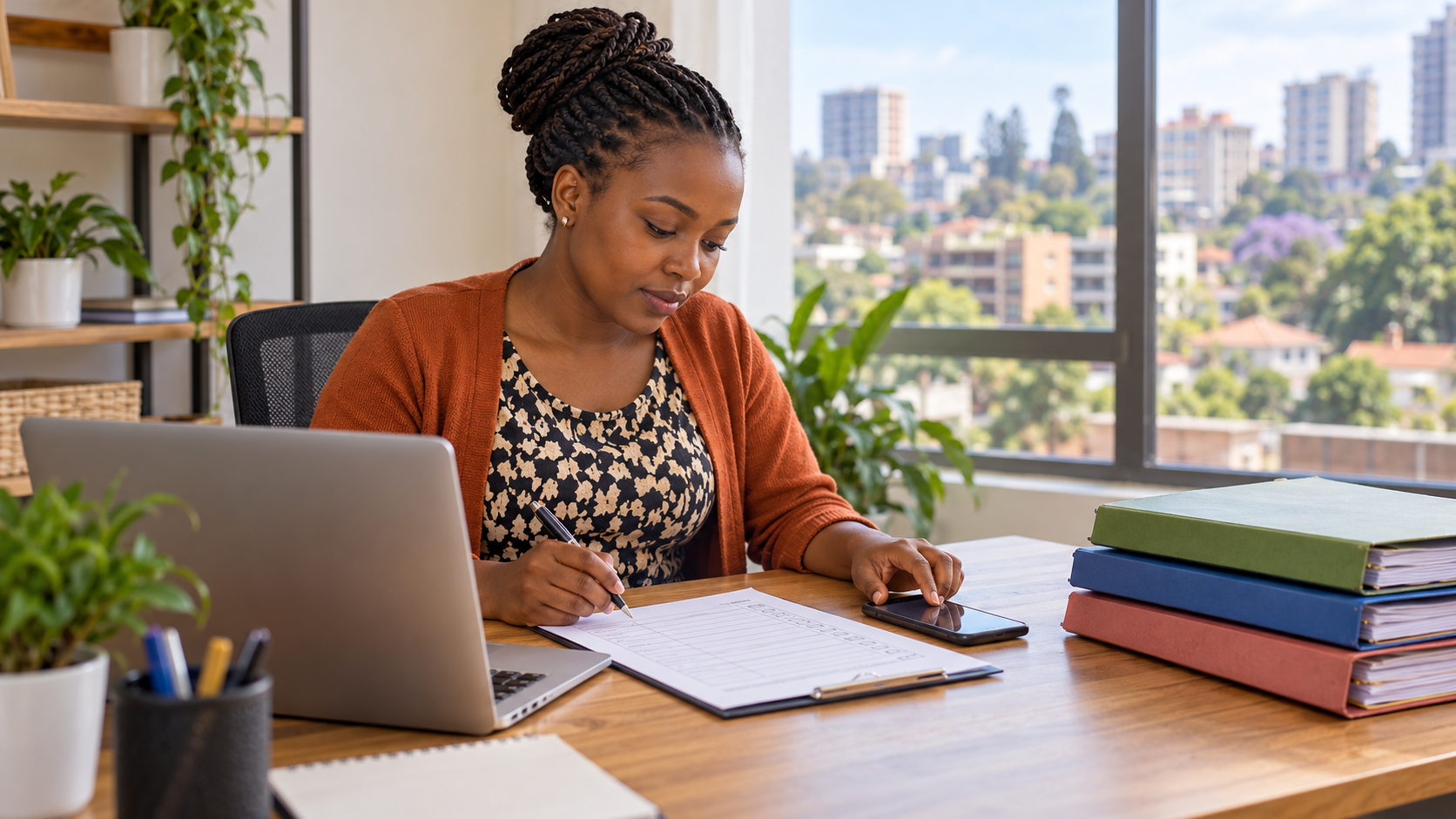 A woman at a sunlit desk reviews a paper checklist beside a smartphone, laptop and three folders, with city buildings visible through the window.