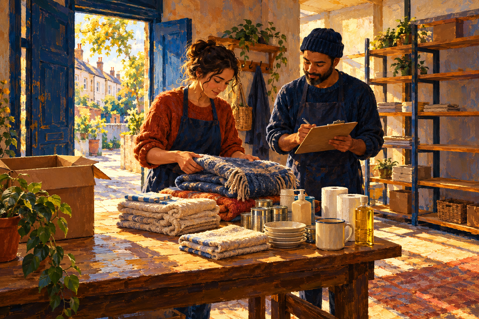Painting of two adults checking folded blankets and household supplies against a paper checklist in a warmly lit community storeroom, with an open cardboard box, shelves and a sunlit doorway.