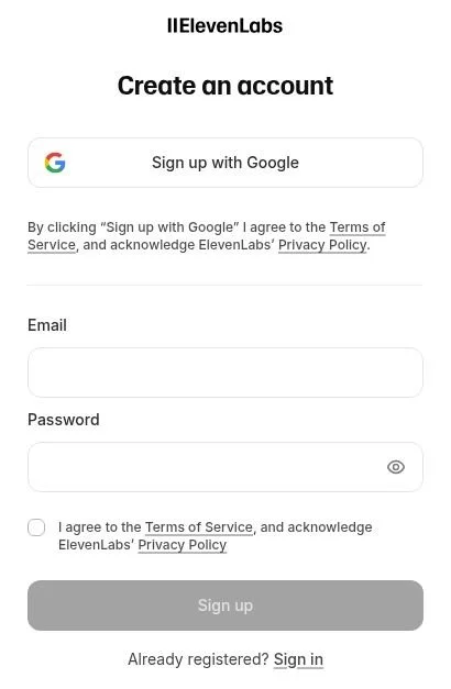 Create an account page showing Google signup, blank email and password fields, the terms checkbox, and Sign up button.