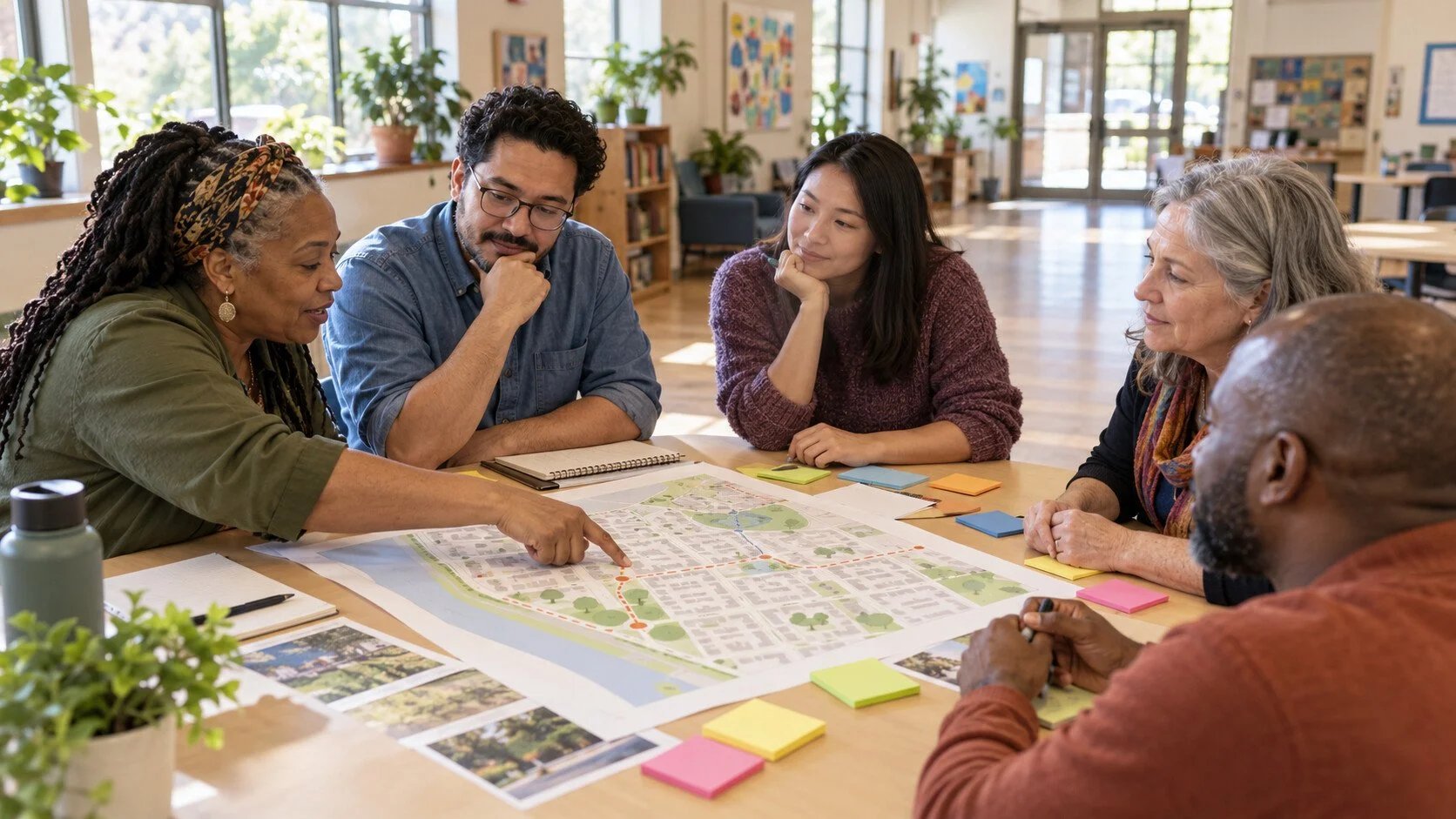Four residents and a facilitator review a simple neighborhood plan around a table in a bright community room.