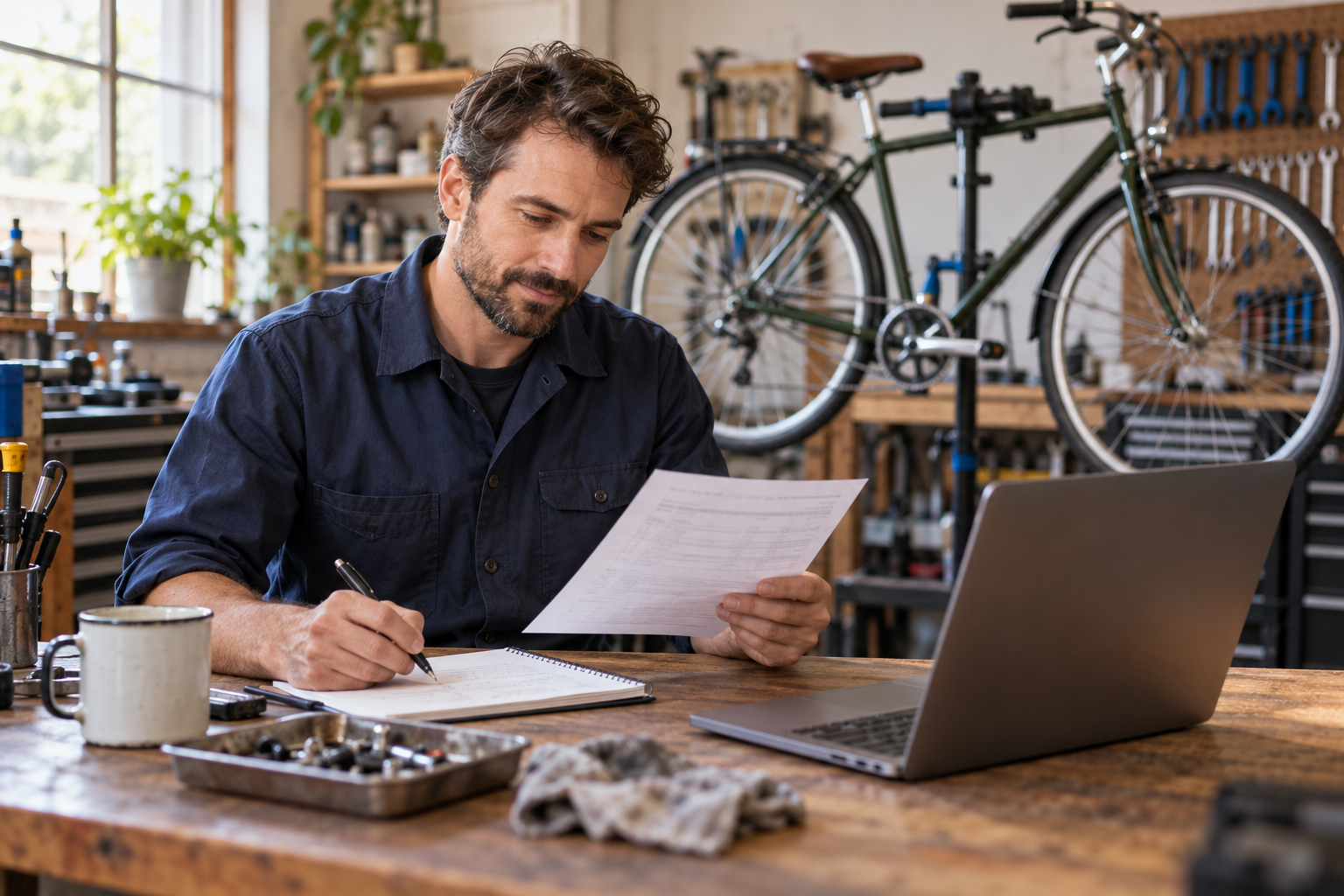 A bicycle repair shop owner compares a paper job record with notes beside a laptop, with a bicycle on a stand behind him.