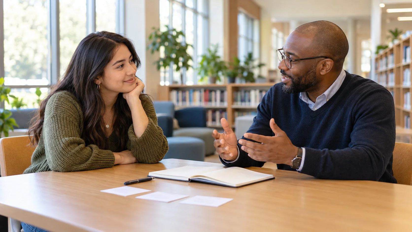 A mentor and mentee discuss goals together at a quiet library table with an open notebook between them.