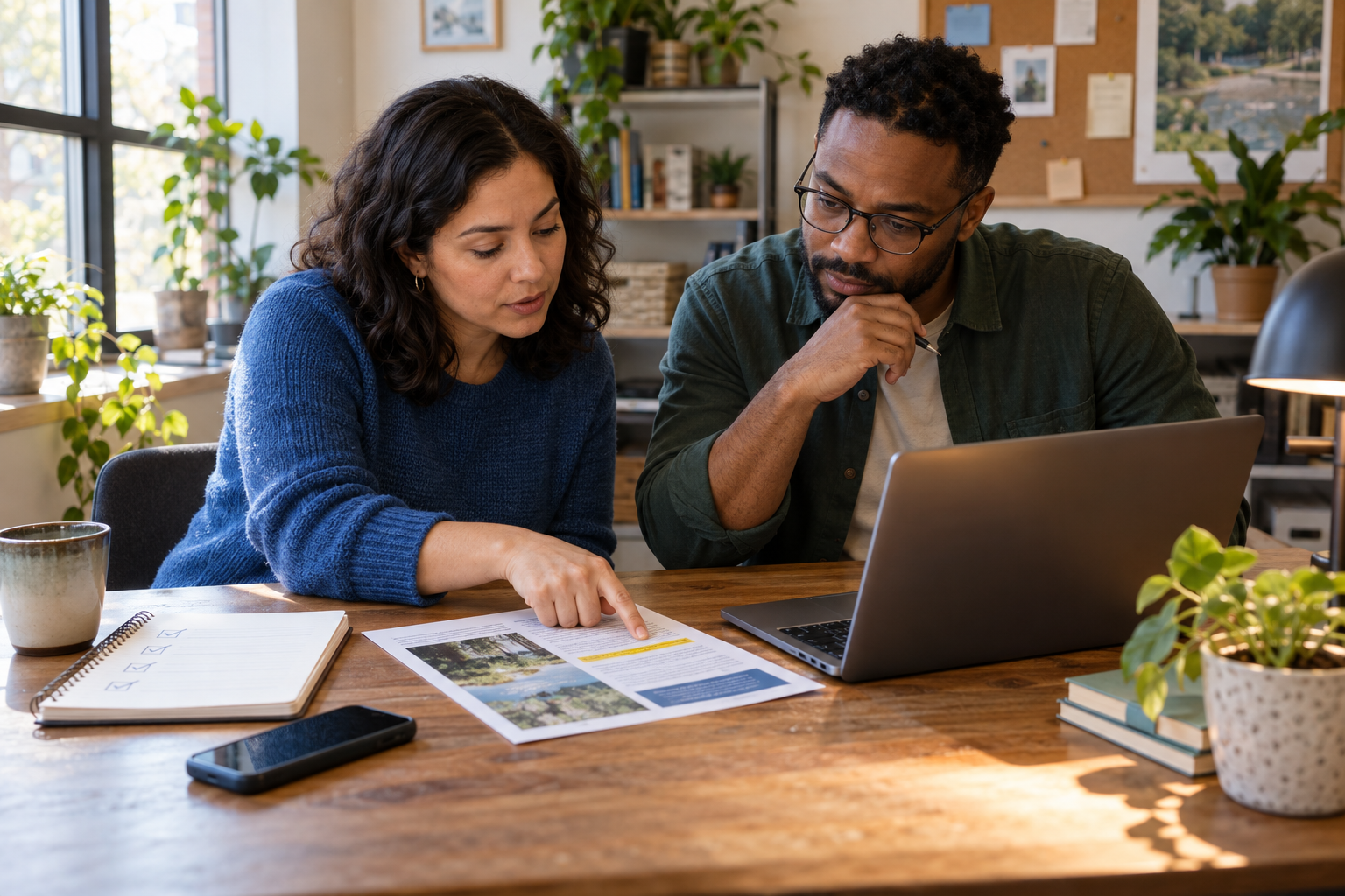 Two colleagues compare a printed public-information draft with a source on a laptop while reviewing a checklist at a shared table.