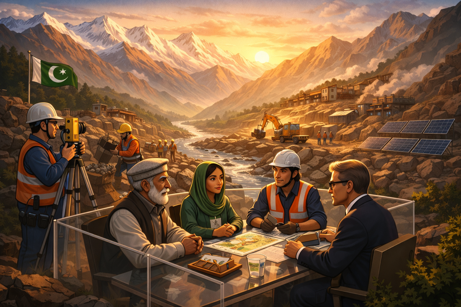 Mining professionals, community stakeholders, and leaders in Pakistan discussing responsible mining and regional development near a mineral landscape.