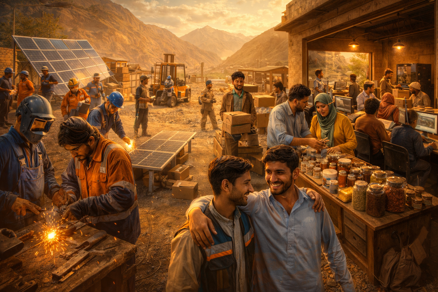 Young people in Balochistan and Khyber Pakhtunkhwa participating in technical training, digital work, and entrepreneurship in a realistic regional setting.