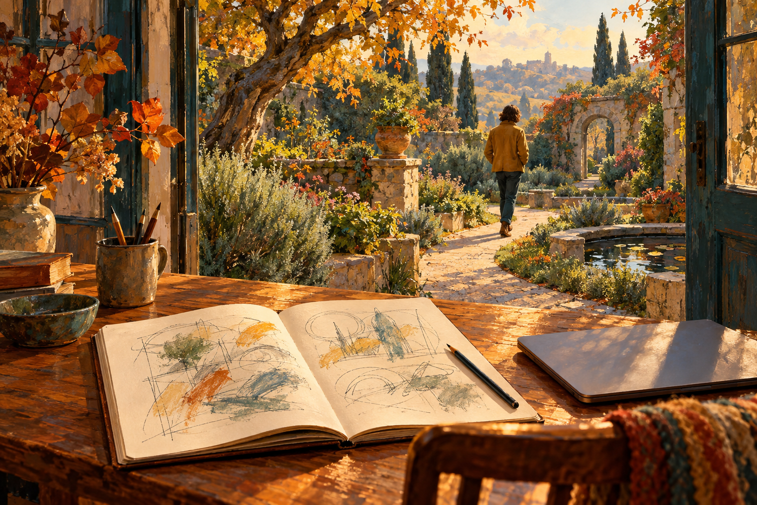 Textured painting of an open notebook and closed laptop on a wooden desk beside an open doorway, with a person in an ochre jacket walking along a sunlit garden path outside.