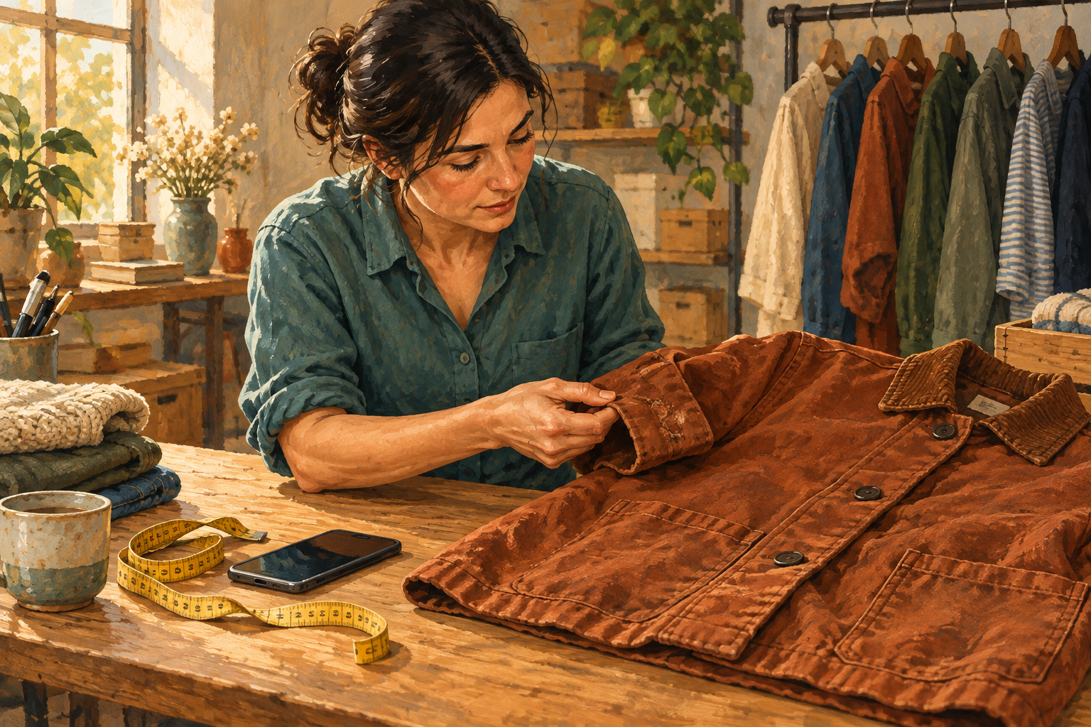 Painting of a dark-haired woman in a teal shirt inspecting the worn cuff of a rust-brown jacket on a wooden table, with a measuring tape, smartphone and clothing rack nearby.