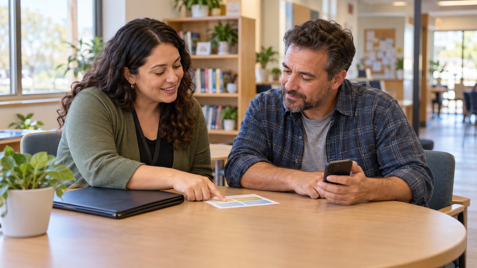 A community coordinator and an adult learner review a next-step card together, with a phone and closed folder on the table.