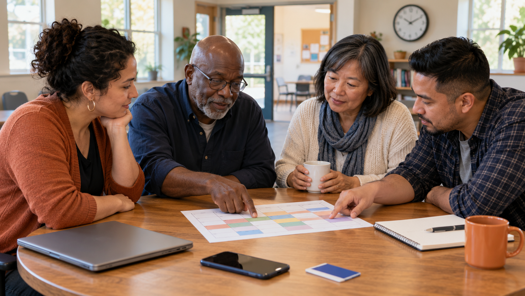 Four adults compare colored time blocks on a weekly planning sheet around a community-room table.