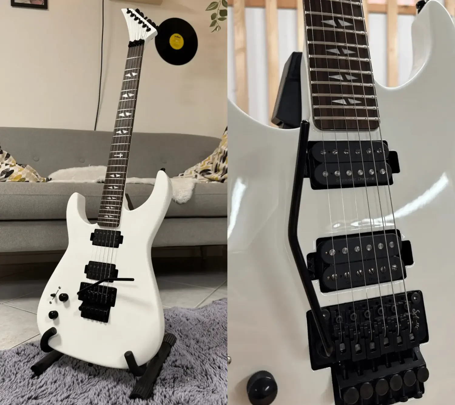 Weiße Linkshänder E-Gitarre mit schwarzer Hardware