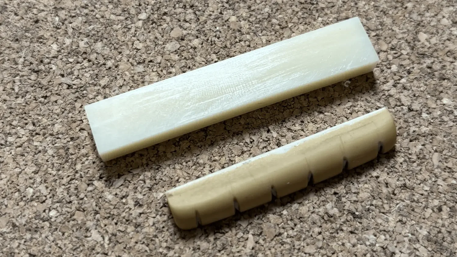 Ein Stück Knochen neben einem Plastiksattel für E-Gitarren