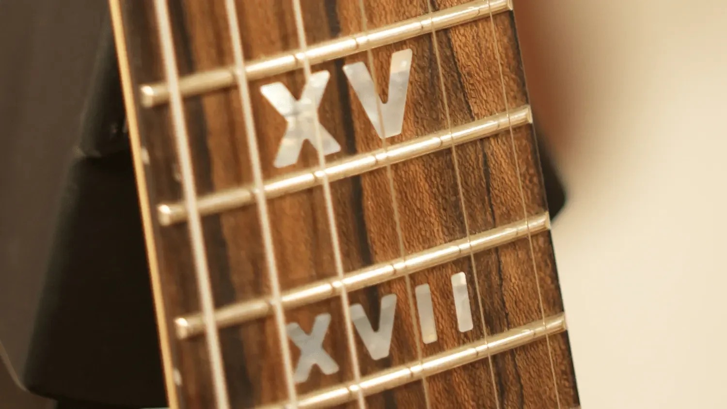 Die Inlays der E-Gitarre. Sie bilden römische Zahlen nach.