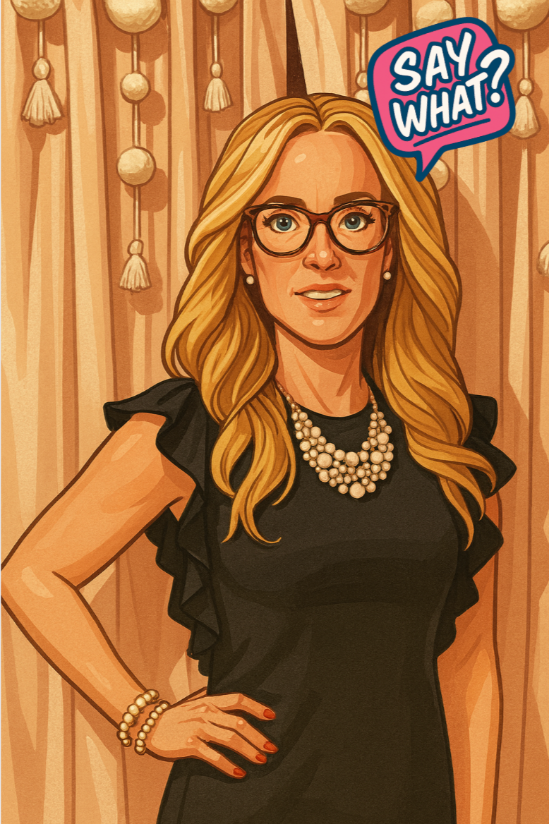 Illustration of a woman with long blonde hair, glasses, and a pearl necklace, wearing a black dress with ruffled sleeves, standing in front of a beige curtain with tassels, with a speech bubble that says "Say What?"