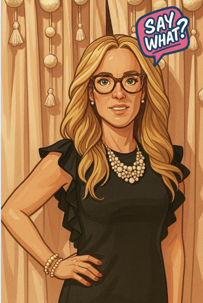 A woman with blonde hair, wearing glasses, a black ruffled dress, pearl jewelry, and a bracelet, standing in front of a decorated curtain. A speech bubble says 'Say What?'