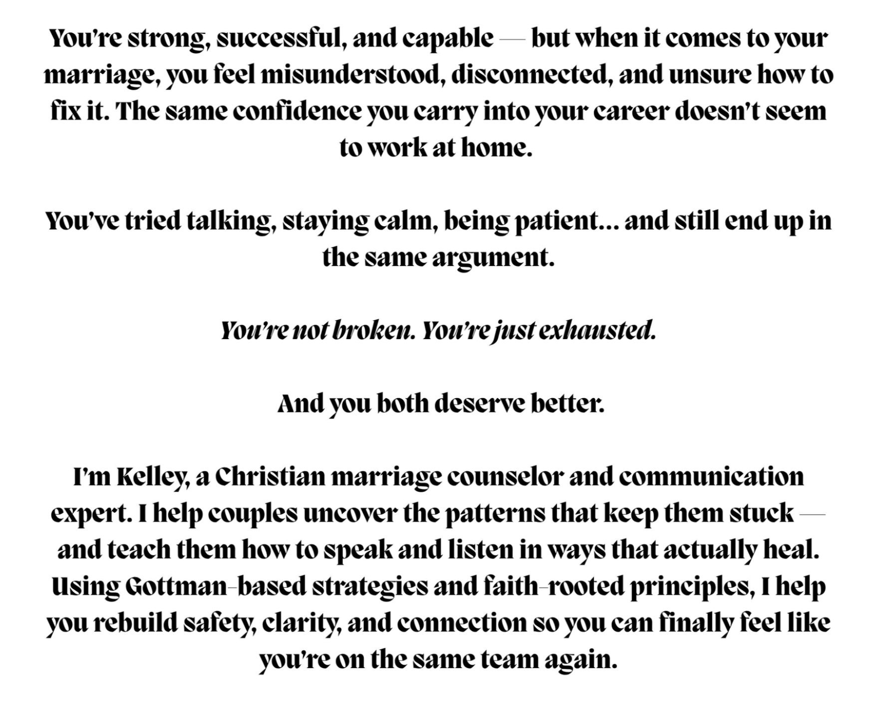 A paragraph about relationship confidence and a marriage counselor named Kelley who helps couples with communication issues.