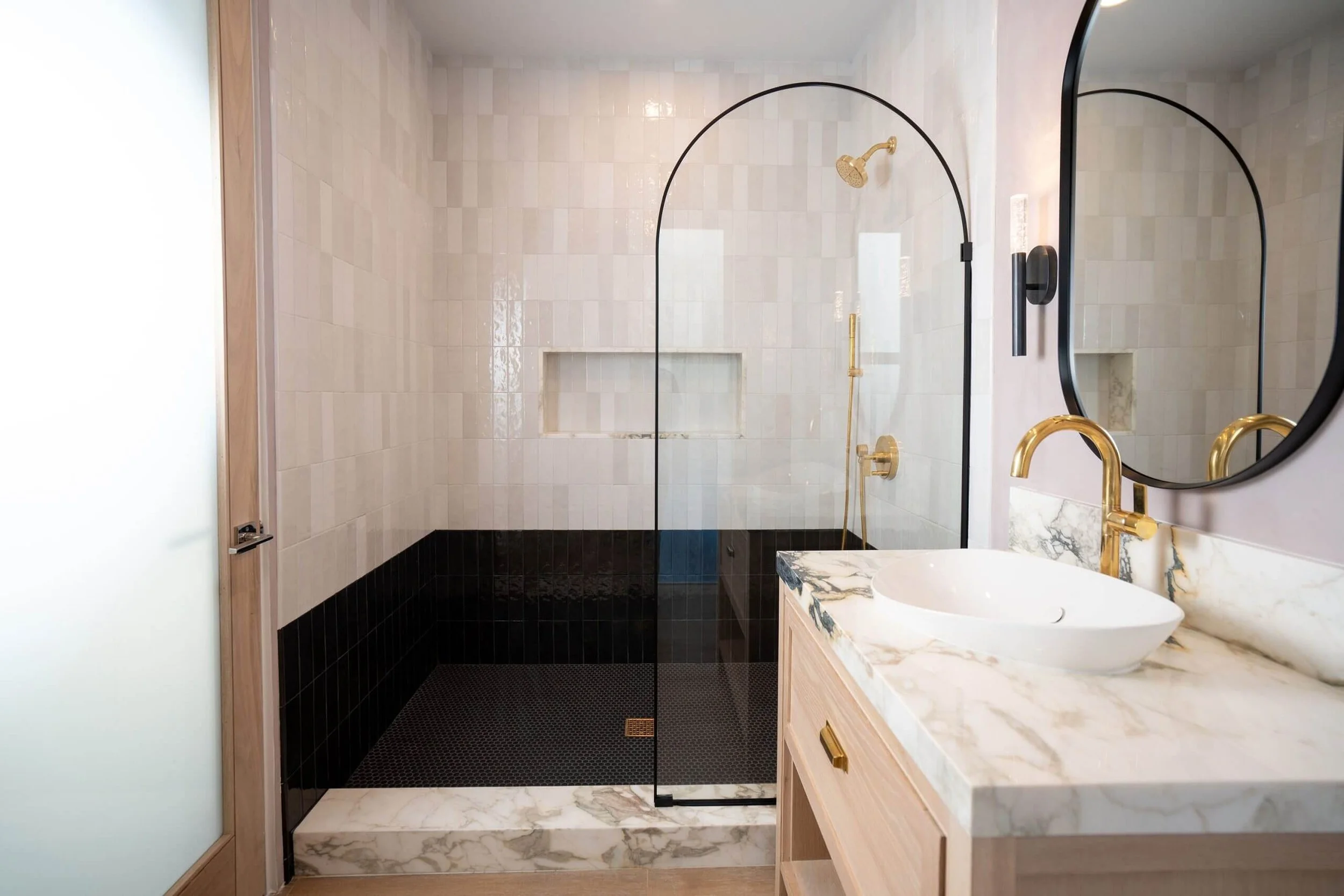 Sussex brushed brass shower and premium vertical tiling Toorak bathroom remodel