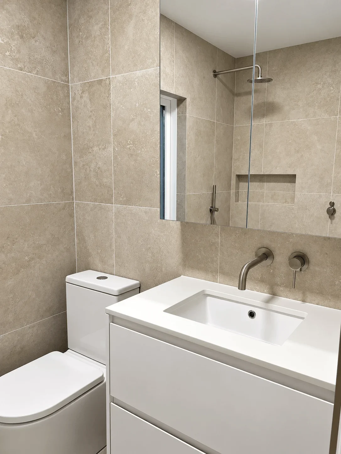 Floating vanity and toilet in a South Yarra bathroom renovation