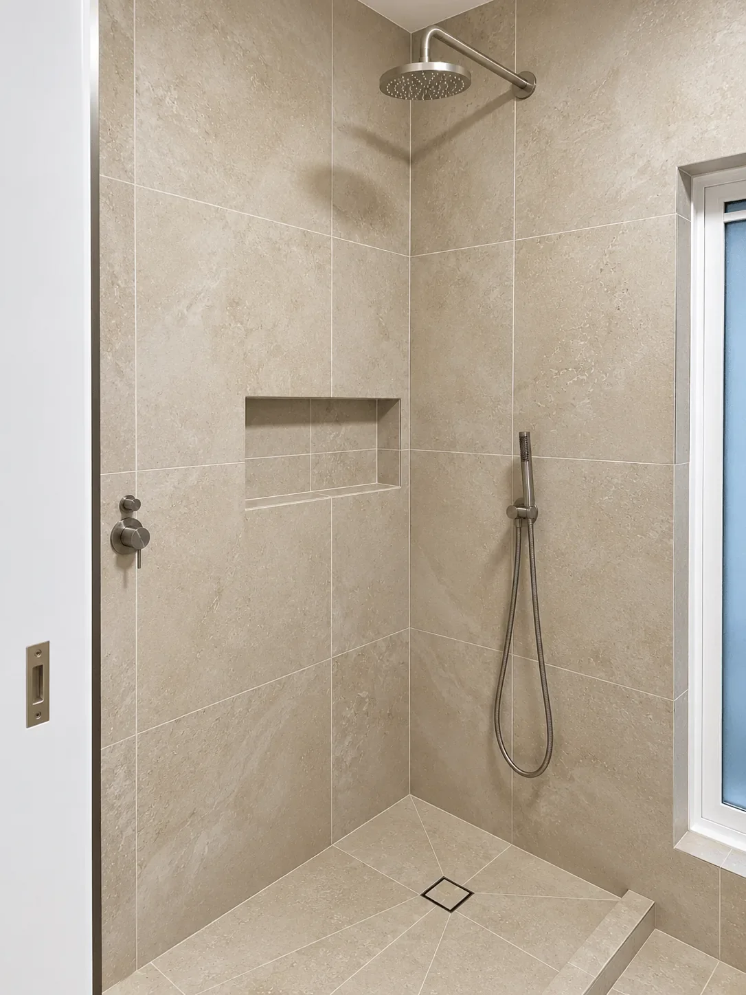 Walk-in shower with large-format tiles in a South Yarra bathroom renovation