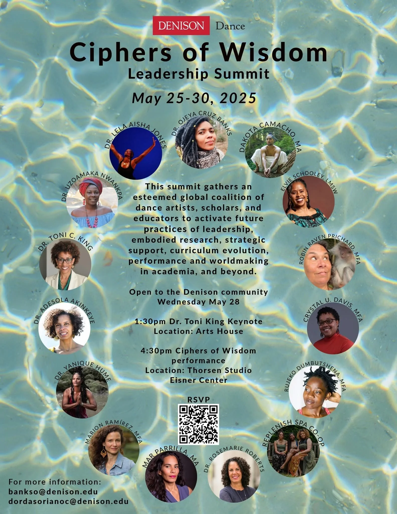 A promotional poster for the Ciphers of Wisdom Leadership Summit, taking place from May 25 to 30, 2025. The background resembles a swimming pool with light reflections. The poster features headshots of various speakers, including Dr. Lela Aisha Jones