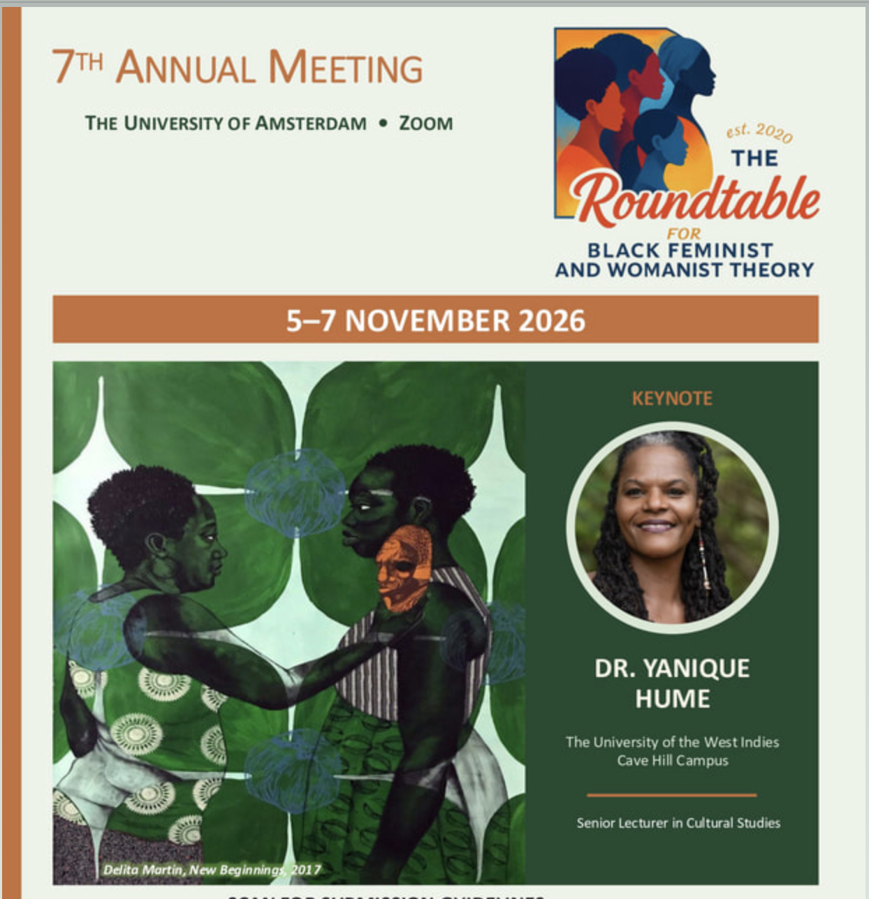 The 7th annual meeting of the Roundtable for Black Feminist & Womanist Theory will be held November 5-7, 2026 as a hybrid conference, with in-person events taking place at the University of Amsterdam in the Netherlands.