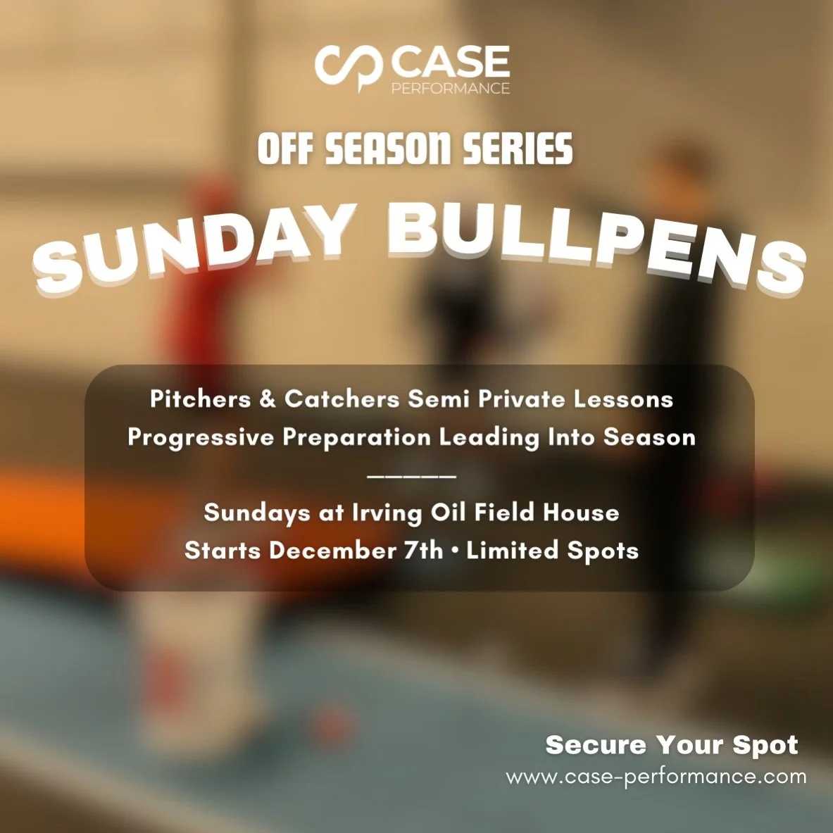 SUNDAY BULLPENS &mdash; Registration Now Open

We received a lot of requests to begin early this year, so we&rsquo;re starting December 7th with progressive, semi-private bullpens for pitchers and catchers.

Our program is built in two phases:

PHASE