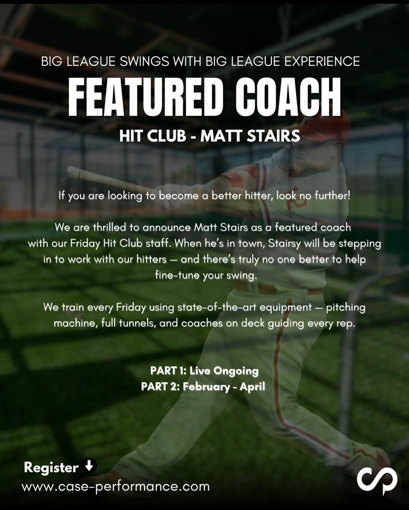 Want to become a better hitter? Look no further.
Featured coach Matt Stairs will be jumping in with our Friday Hit Club athletes when he&rsquo;s in town &mdash; bringing real MLB power and decades of experience.
Let&rsquo;s get to work. 💥

Register 