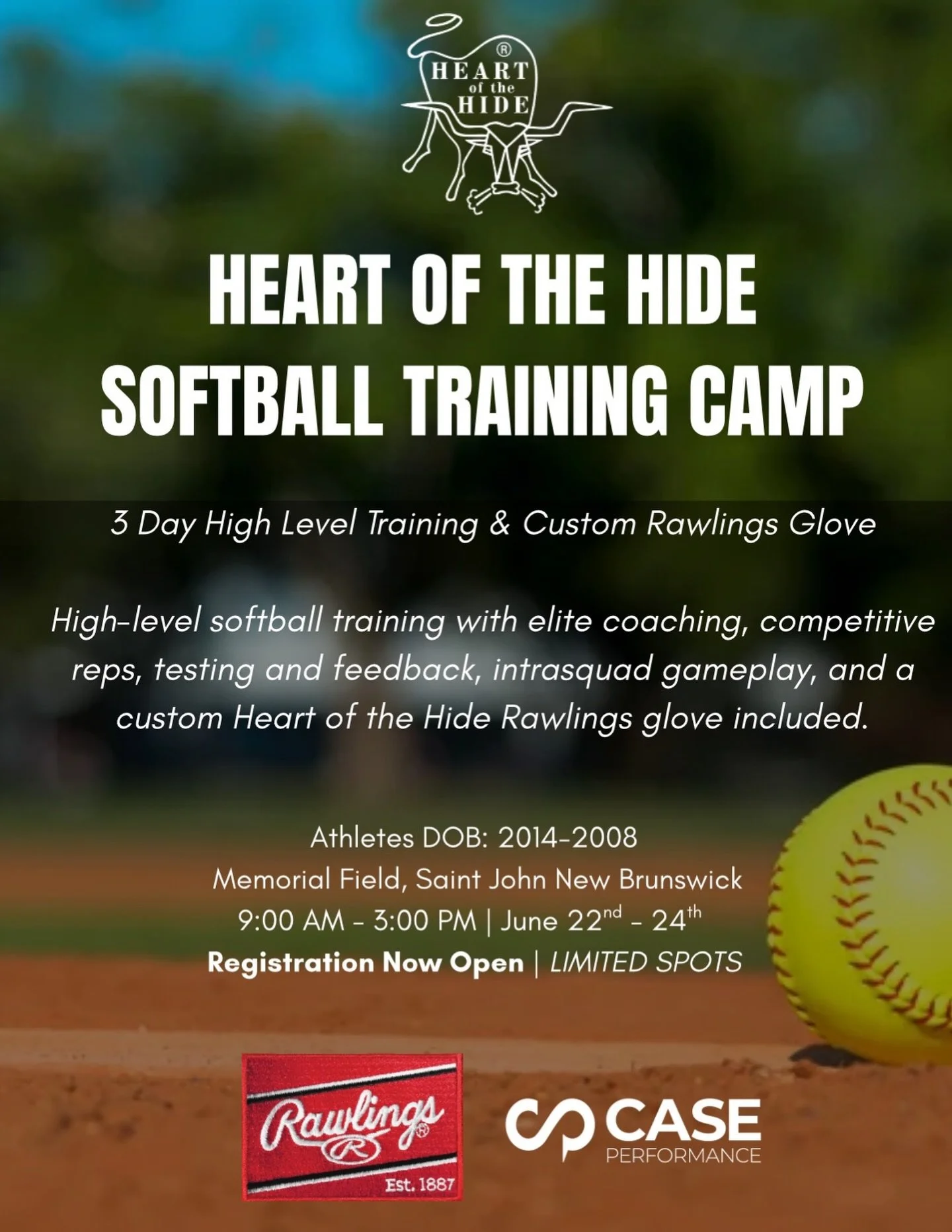 This is NOT your average summer camp.

3 days.
High-level reps.
Real coaching.
Competitive environment.
And every athlete leaves with a custom Rawlings Heart of the Hide glove.

If your daughter is serious about softball and wants to be pushed &mdash