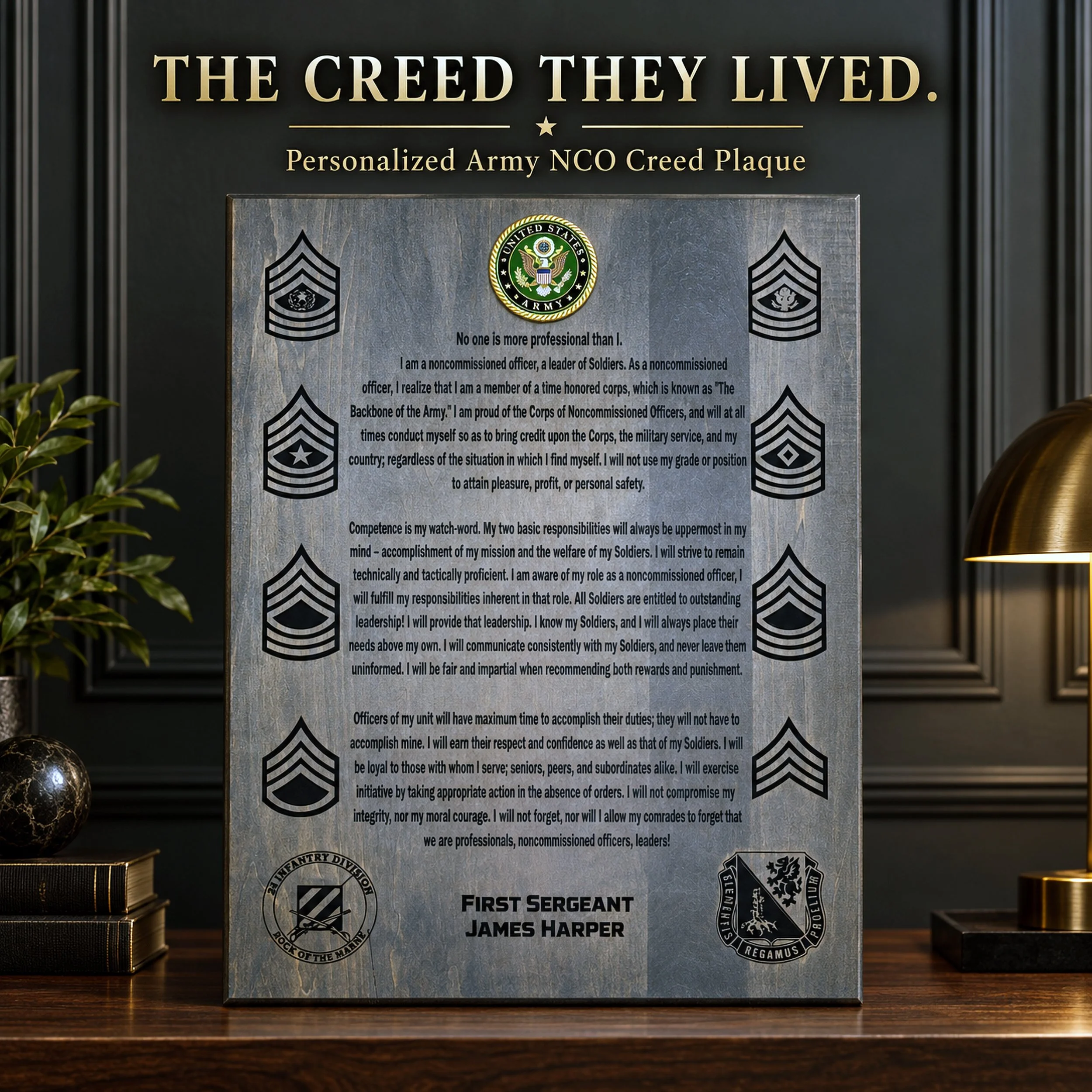 Personalized Army NCO Creed plaque with custom name, rank and unit insignias