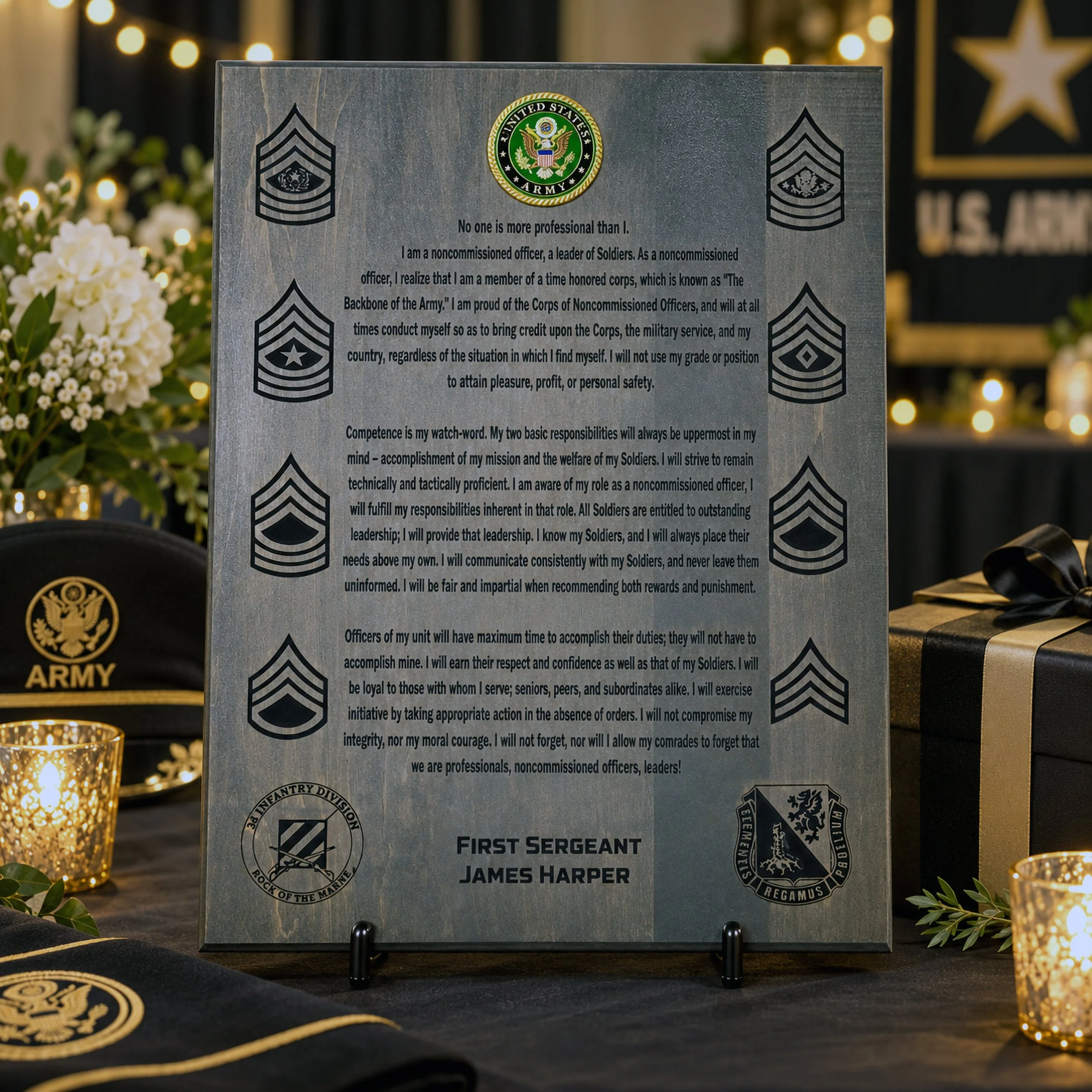 Custom Army unit patches engraved on an NCO Creed plaque