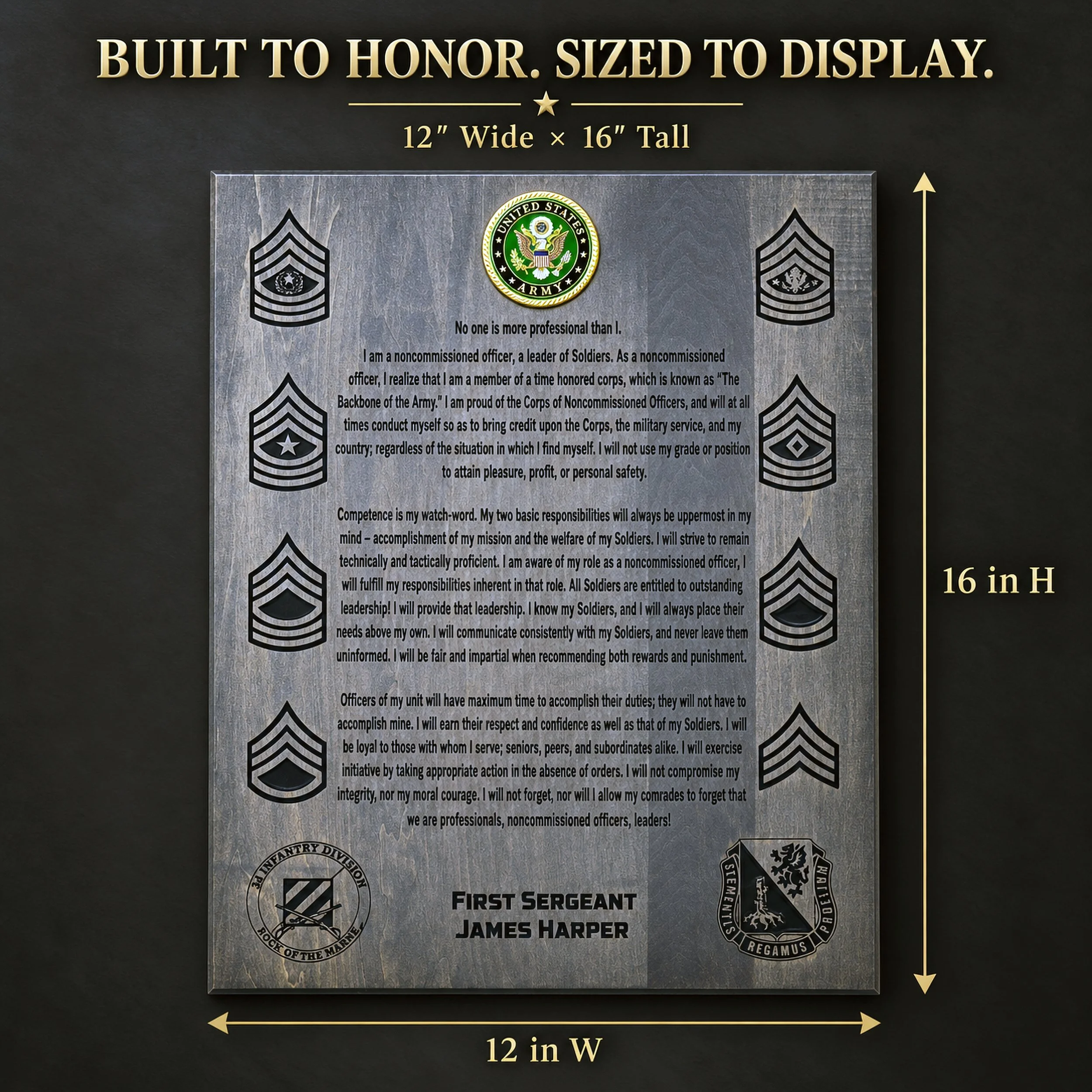 Twelve-inch by sixteen-inch personalized Army plaque