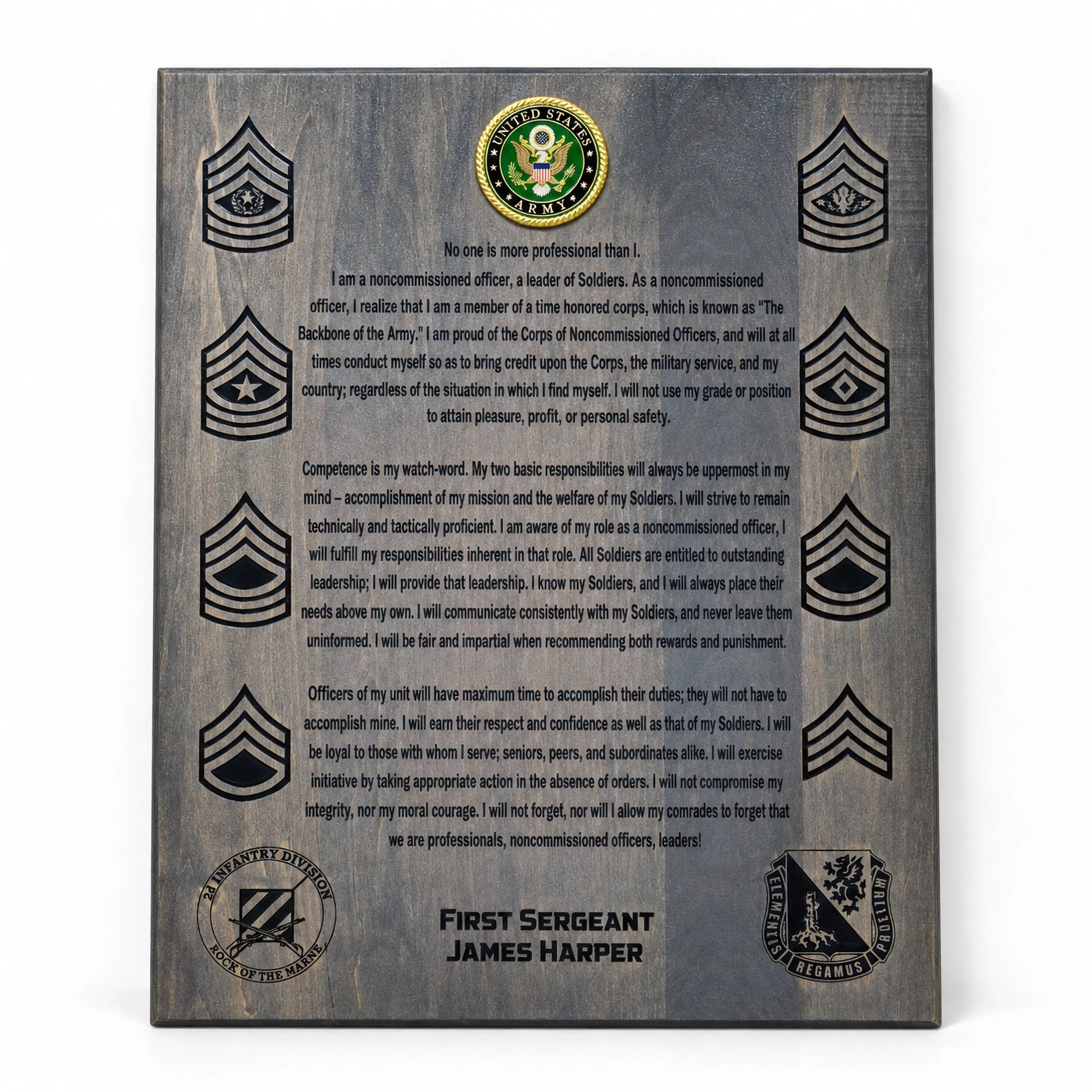 Army NCO Creed plaque displaying personalized name and rank