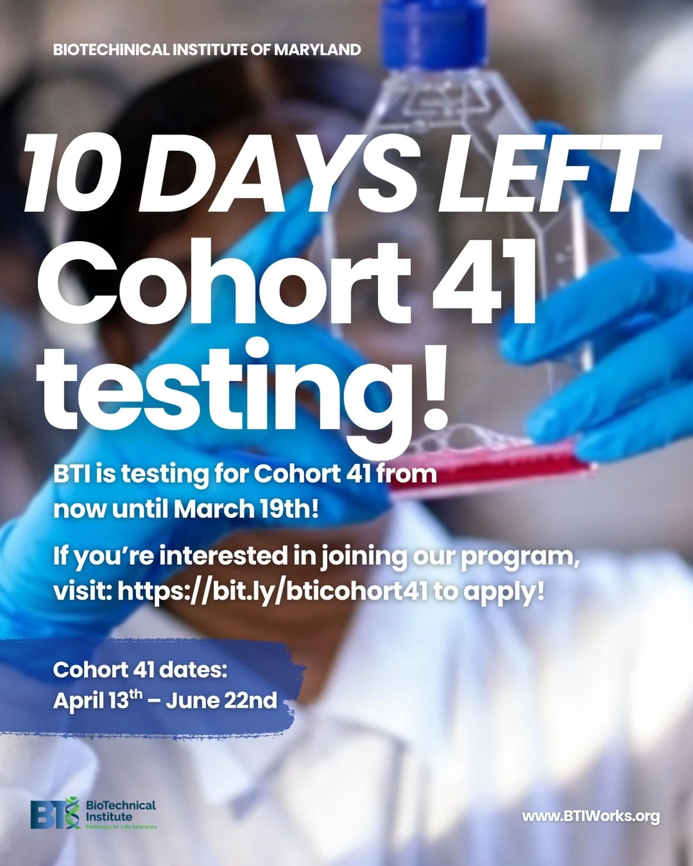 10 Days left to sign up for Cohort 41 Testing! The last day to sign up is Thursday, March 19th!

If you or someone you know is interested in a career in the Life Sciences sector, join us for testing between now and March 19th. Cohort 41 will run from