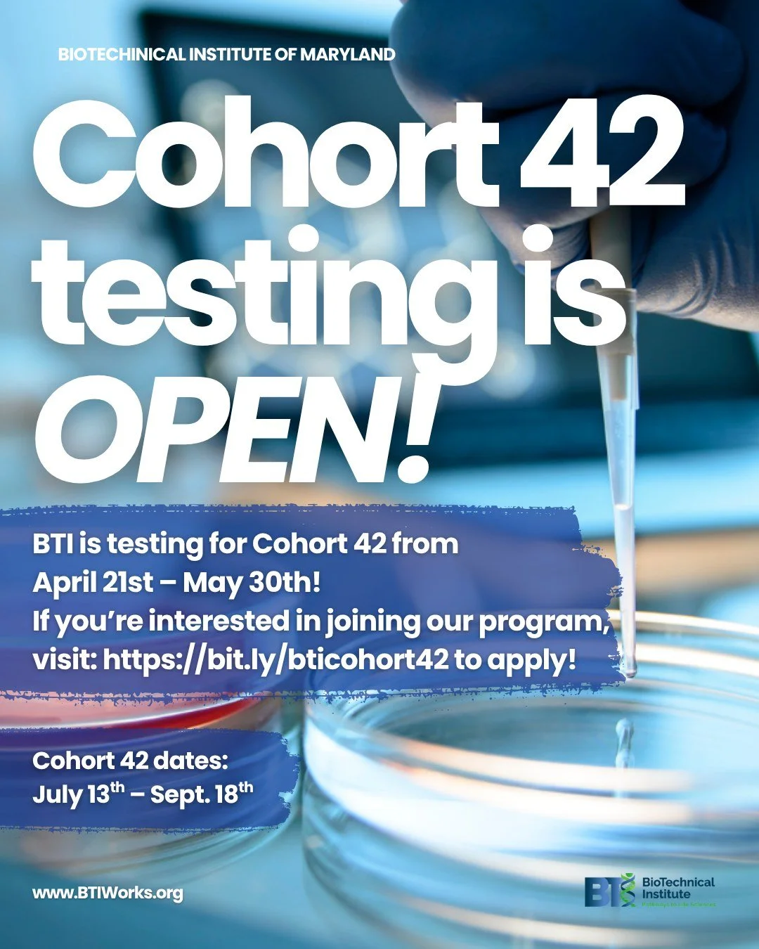 Happy Tuesday! Testing dates for our next Laboratory Associates Program are open! 🥳

Ready to start a career in life sciences? BTI can help you get there with our tuition-free training in basic laboratory skills. Our graduates go on to land amazing 