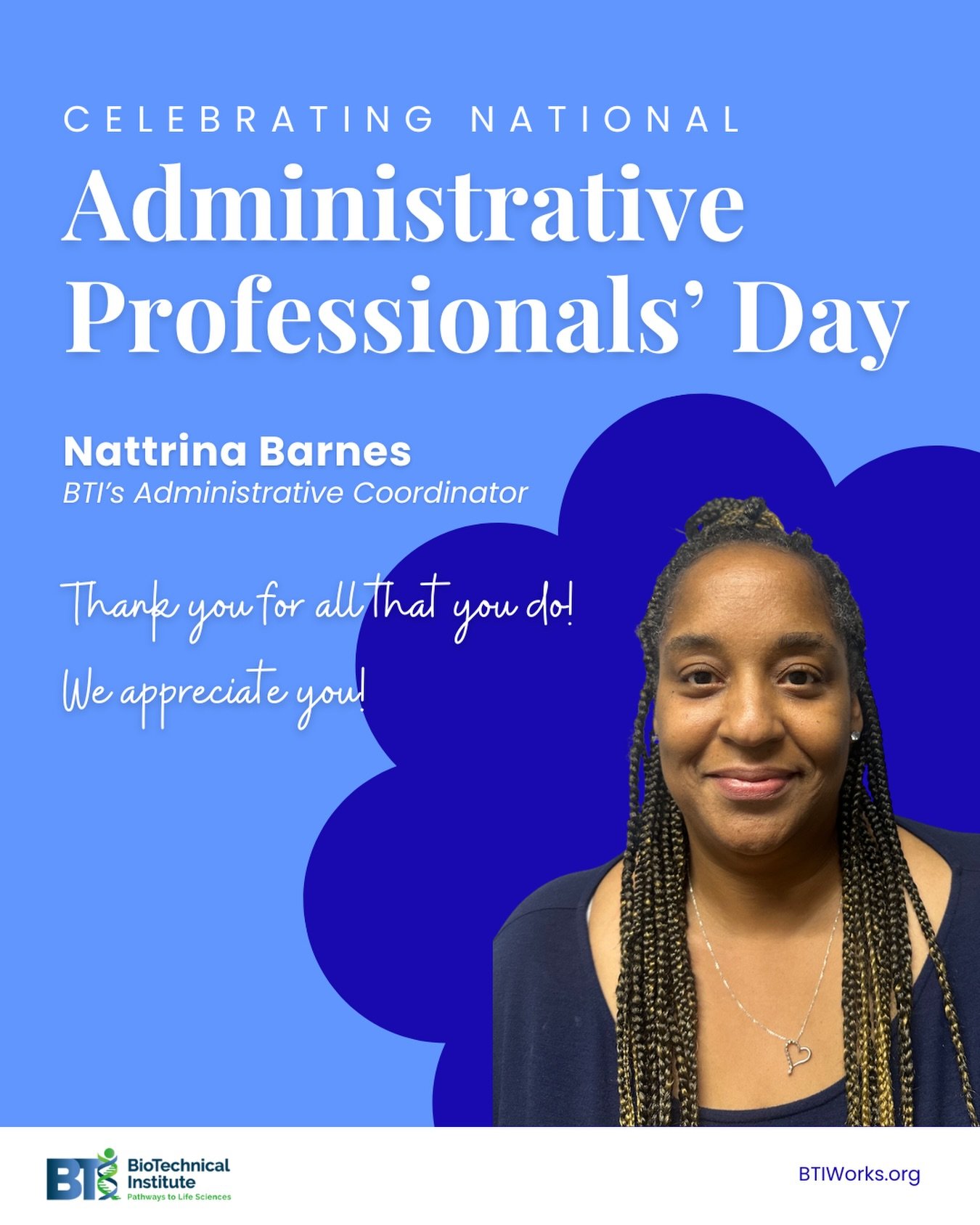 Today we celebrate BTI&rsquo;s incredible Administrative Coordinator, Nattrina Barnes! 🎉 

Nattrina is the heartbeat of BTI! Her dedication and hard work keep us organized and thriving. 

We thank you for all that you are and all that you do! 🩵💙
 