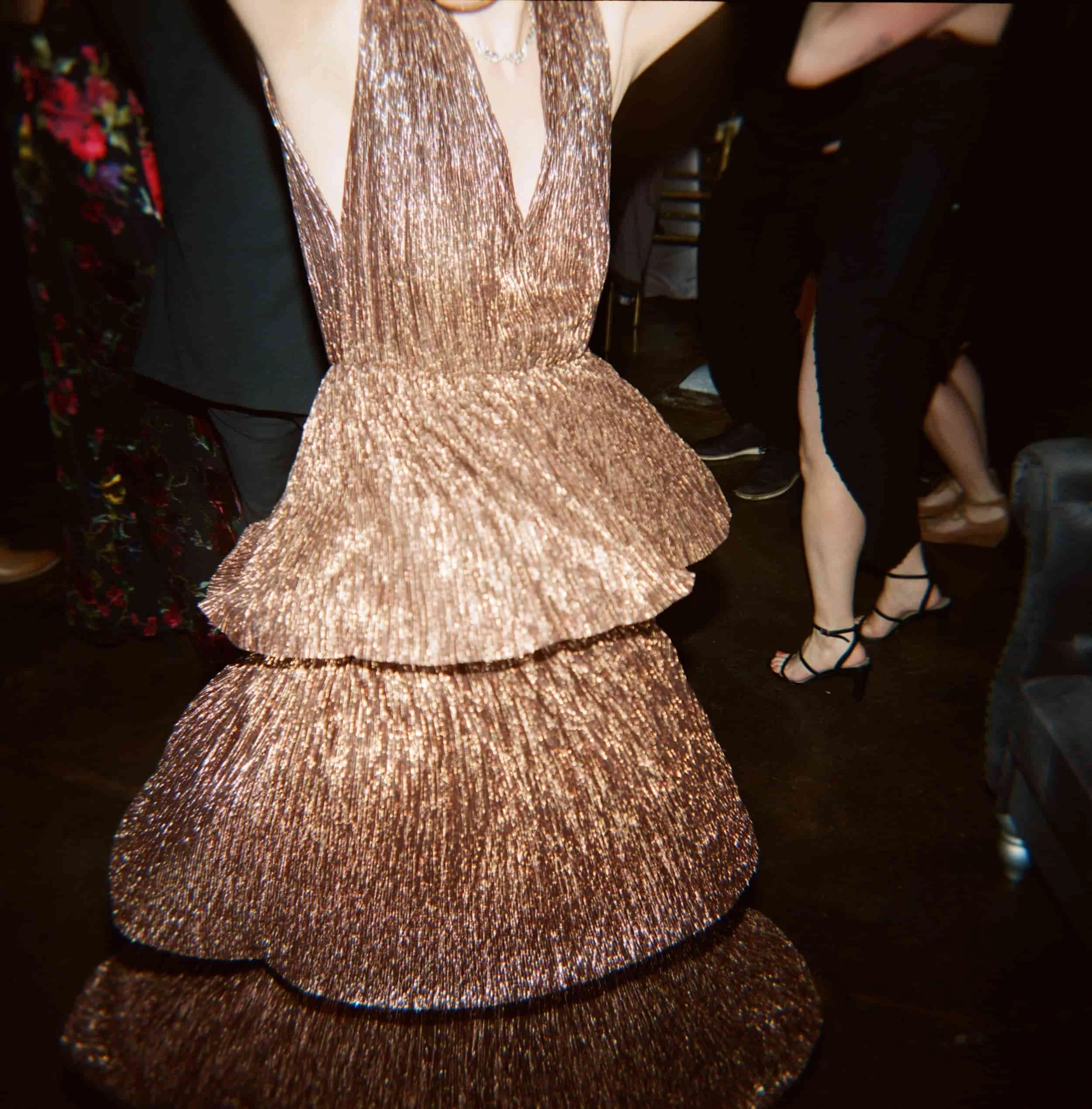 Close-up of a woman in a metallic, tiered, sleeveless gown at a formal event, with other guests in elegant attire in the background.