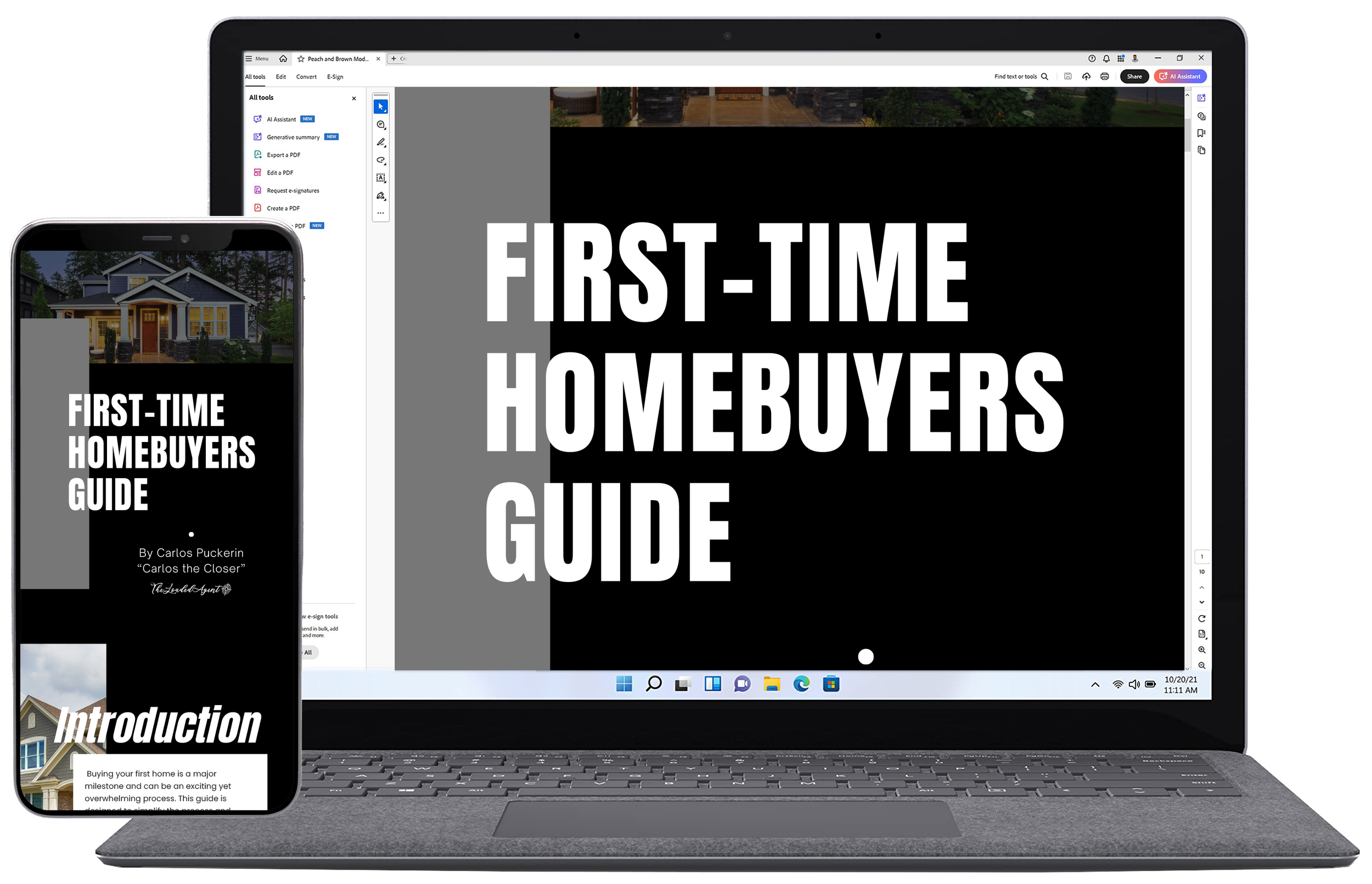 A laptop and a smartphone displaying a homebuyers guide titled 'First-Time Homebuyers Guide' with a picture of a house on both screens.