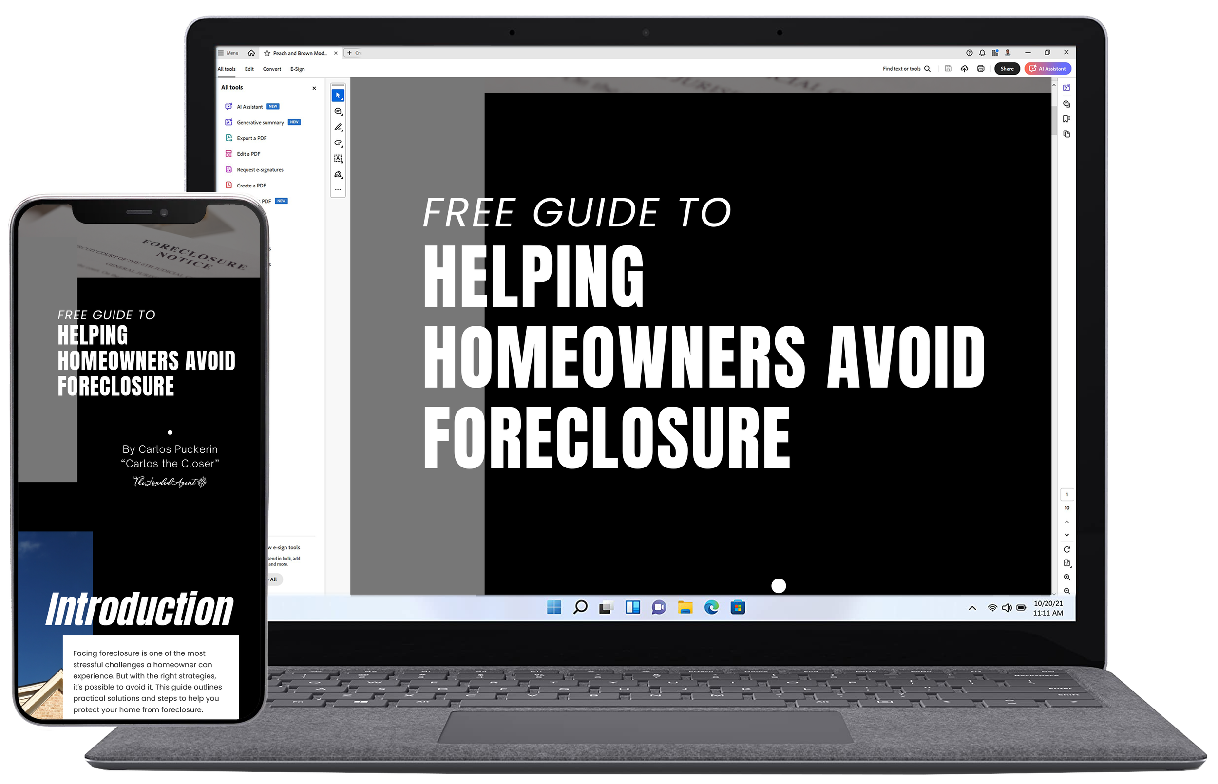 A laptop and a smartphone display a guide on helping homeowners avoid foreclosure, with the laptop showing a black screen with large white text and the smartphone showing a similar guide with a title and introductory paragraph.