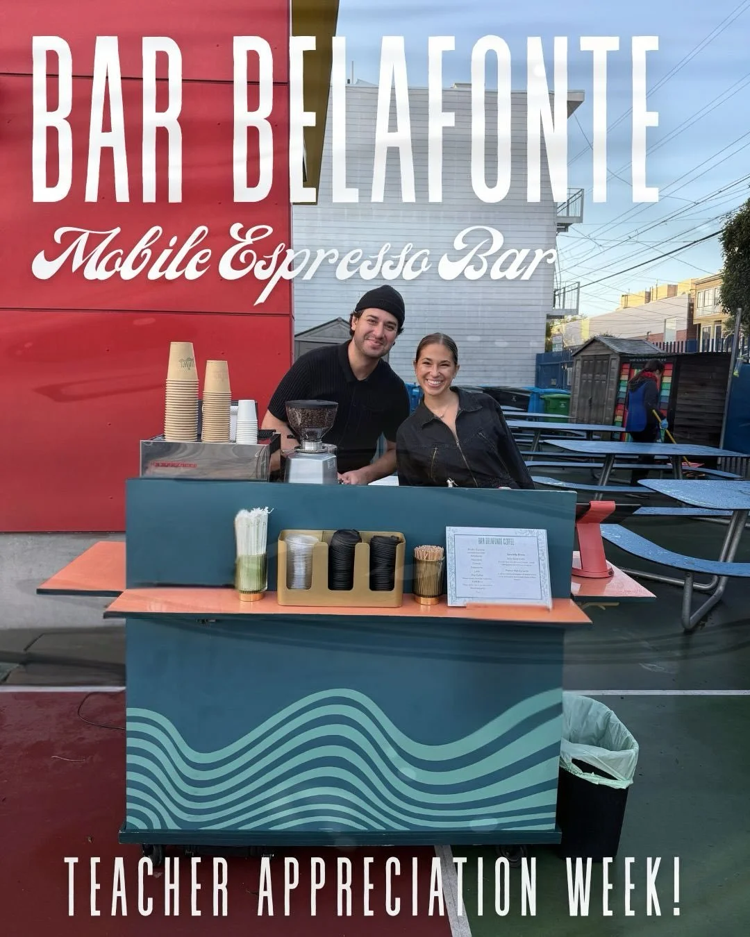 Teacher Appreciation Week is coming up May 4-8 🌟 thank your amazing teachers with a morning pick-me-up from Bar Belafonte&rsquo;s mobile espresso cart! And because we love SF&rsquo;s teachers, we&rsquo;ll include housemade vanilla syrup on us 💛✏️ l