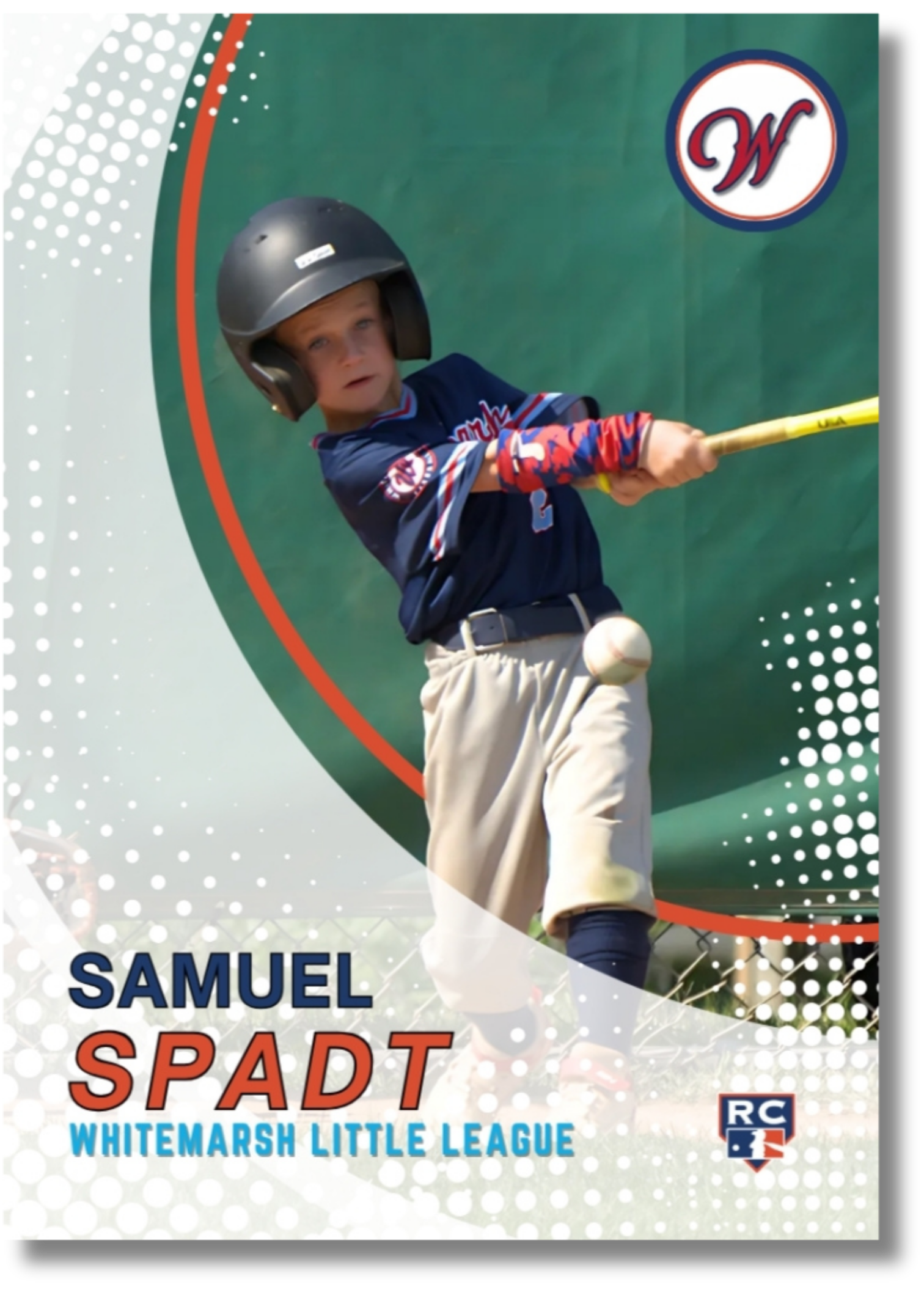 Young boy wearing a helmet and baseball uniform swinging a bat at a baseball game, with a green background and promotional graphics for Samuel SPART at the Whitemarsh Little League.