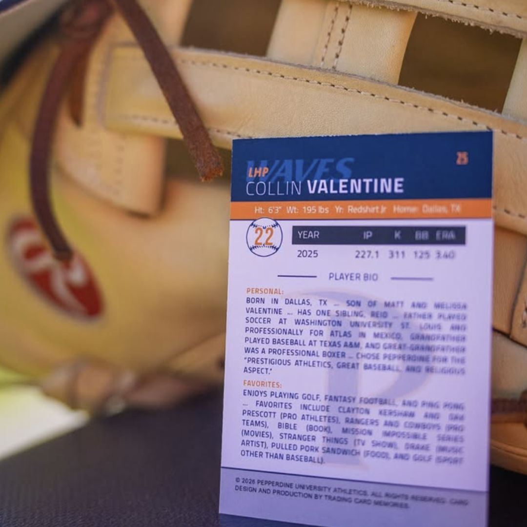 Back of Pepperdine Waves baseball trading card showing player stats, bio, and season information. Image courtesy of Pepperdine Baseball via Instagram.